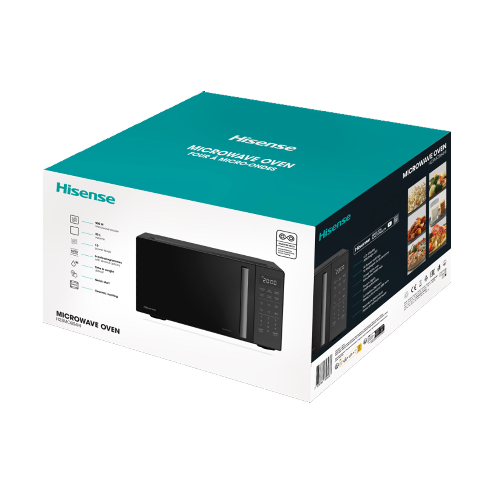 HISENSE H23MOBS4HI Mikrowelle (23 Liter, 900 Watt, elektronische Steuerung, Keramikbeschichtung, 10 Leistungsstufen, Auftauoption, 6 Automatikprogramme, Glasdrehteller 28,5 cm, Invertertechnologie, Premium-Glastür, Schwarz)