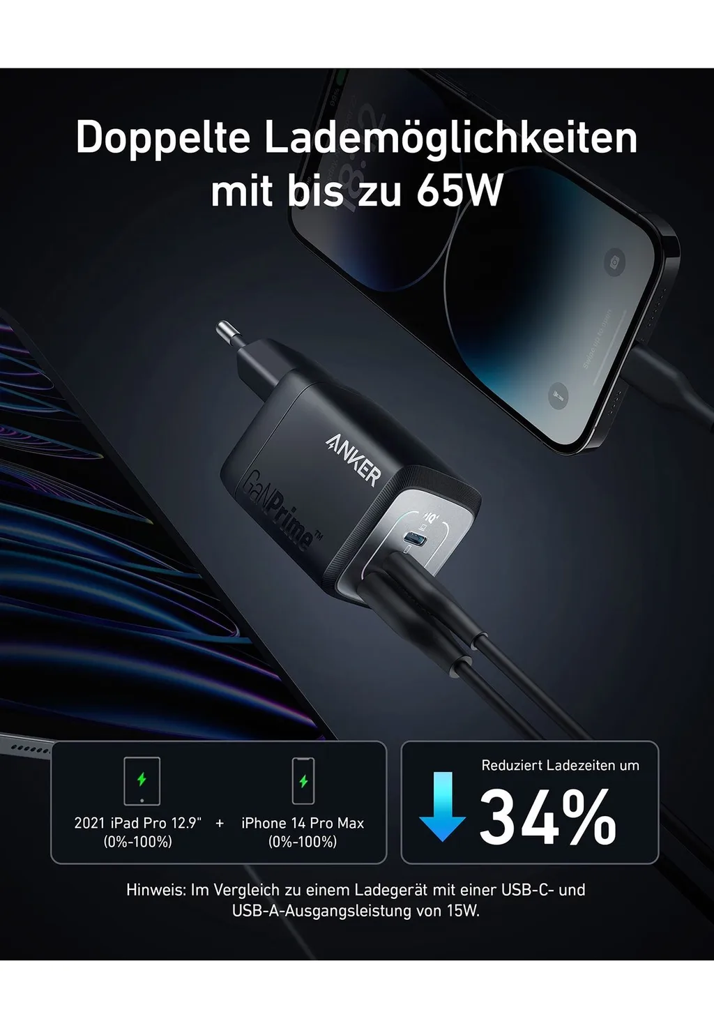Anker 735 Prime, 67 Watt, Fold, Schwarz Ladegerät (USB-A + USB-C)