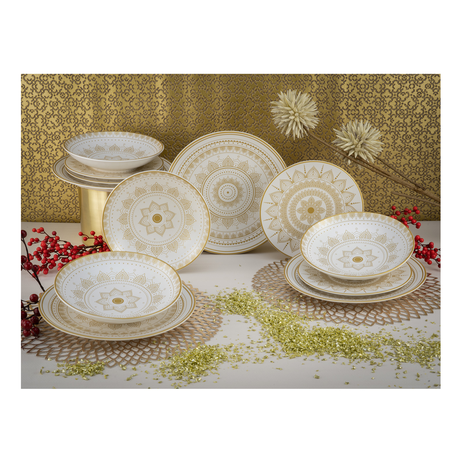 Creatable 23607, Serie MANDALA GOLD - weiss, Geschirrset, Teller Set 12 teilig