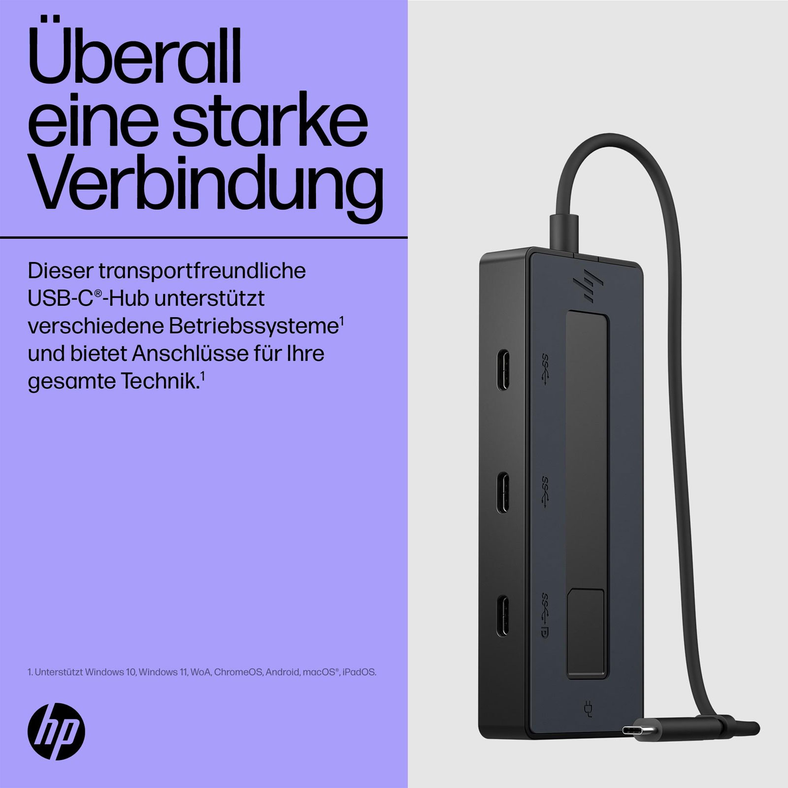 HP Universal USB-C Multiport-Hub, Schwarz (4x USB-C, 10 Gbit/s, 65 W, 4K, 6G842AA#ABB)
