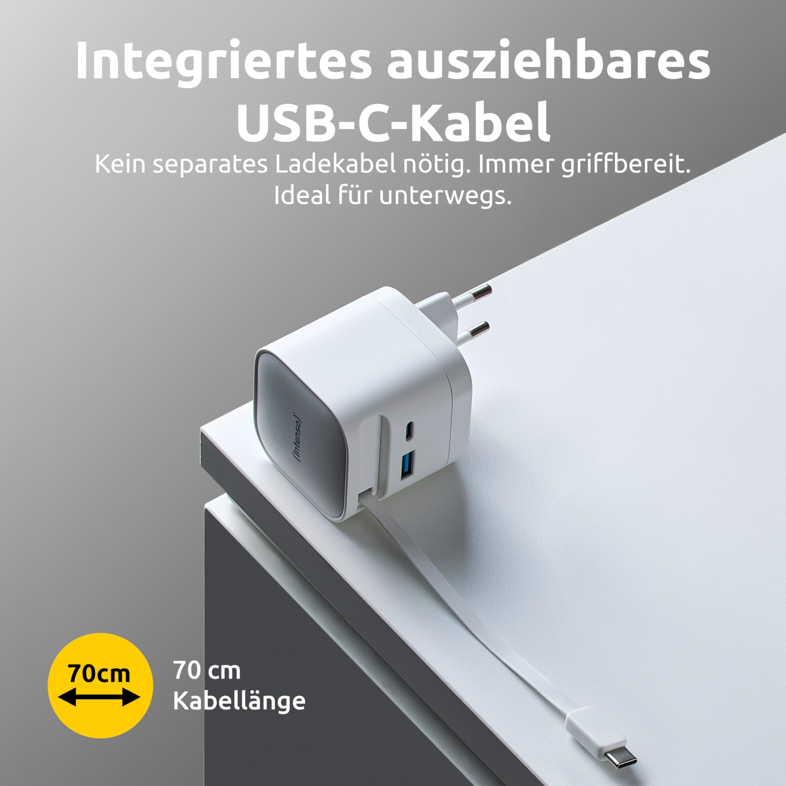 Intenso Power Adapter W65ACIC - 65W USB-C GaN Ladegerät mit ausziehbarem Kabel