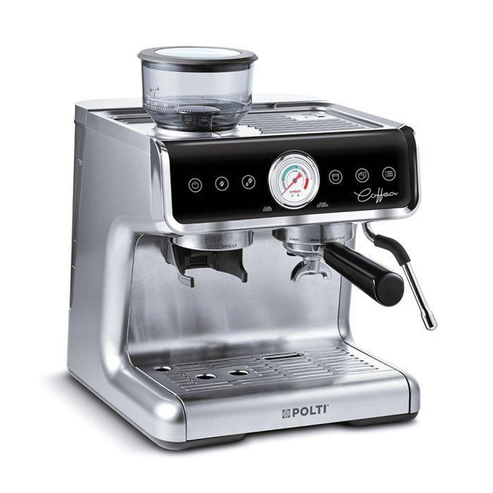 Polti Coffea G50S Siebträger-Espressomaschine (15 bar, 1600 Watt, Barista, Touchpanel, Edelstahl-Tamper, 30 Mahlgrade, 2,8 Liter Wassertank, Doppel-Ausgabe)