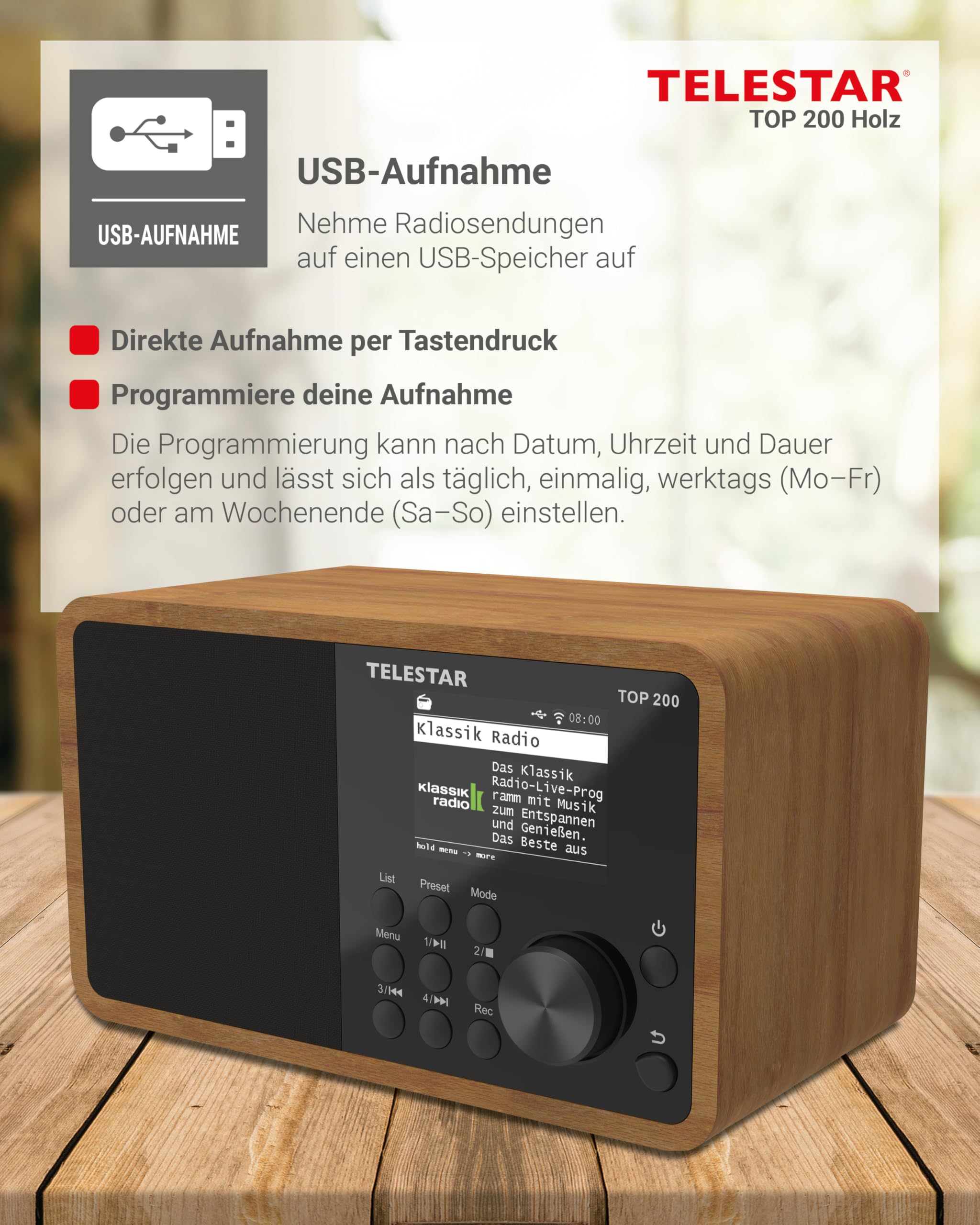 TELESTAR TOP 200 DAB+ Internetradio Bluetooth USB App Schwarz Holz