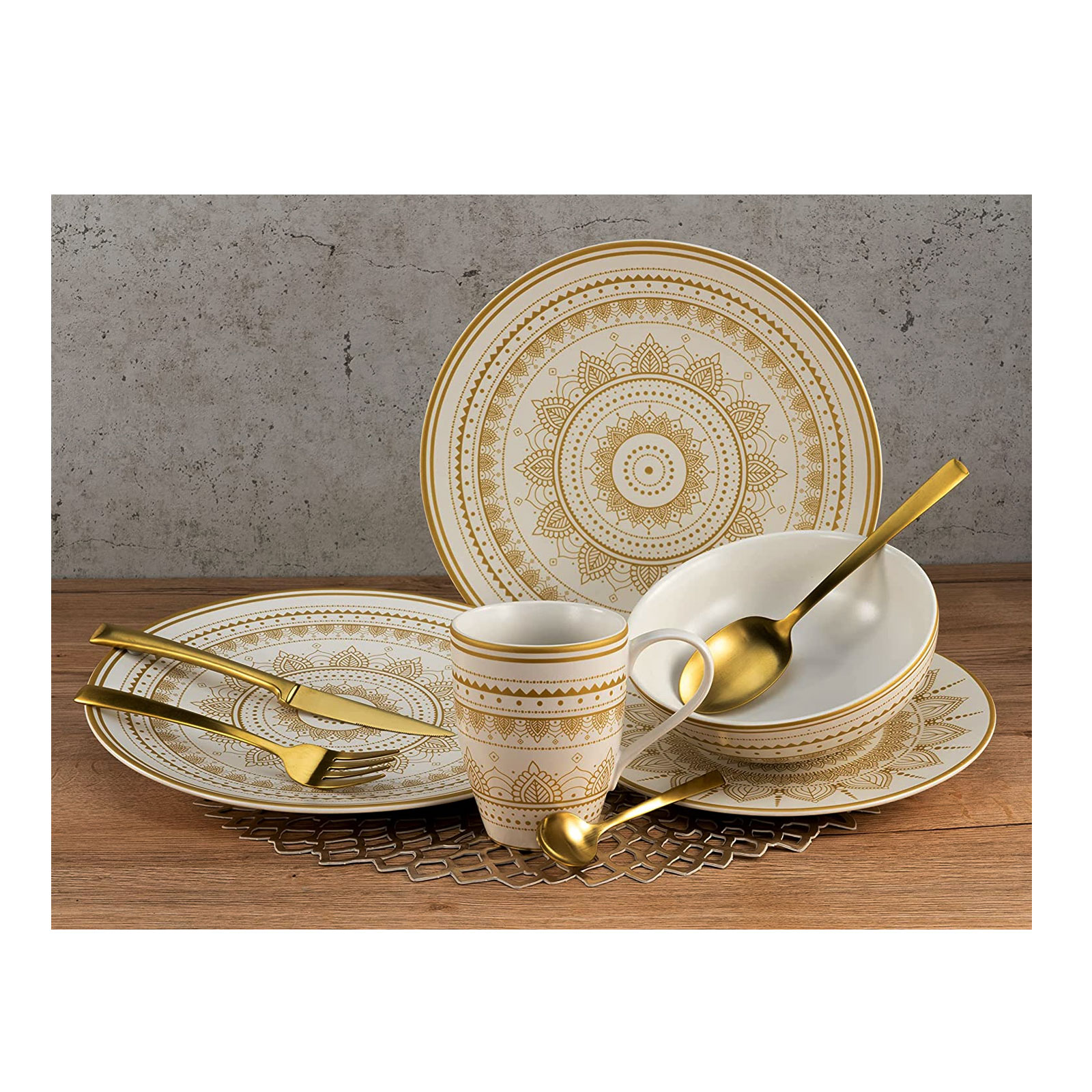 Creatable 23596, Serie MANDALA GOLD - weiss, Geschirrset, Kombiservice 16 teilig