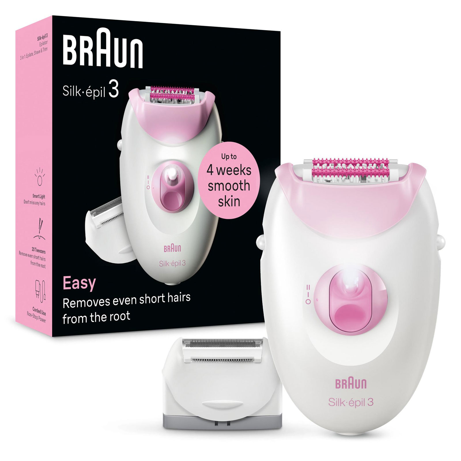 Braun Epilierer Silk-épil 3 3-031 (Netzbetrieb, Massagerollen-Aufsatz, Smartlight, Epilieren, Rasieren und Trimmen, Rasieraufsatz, Trimmeraufsatz, Made in Germany)