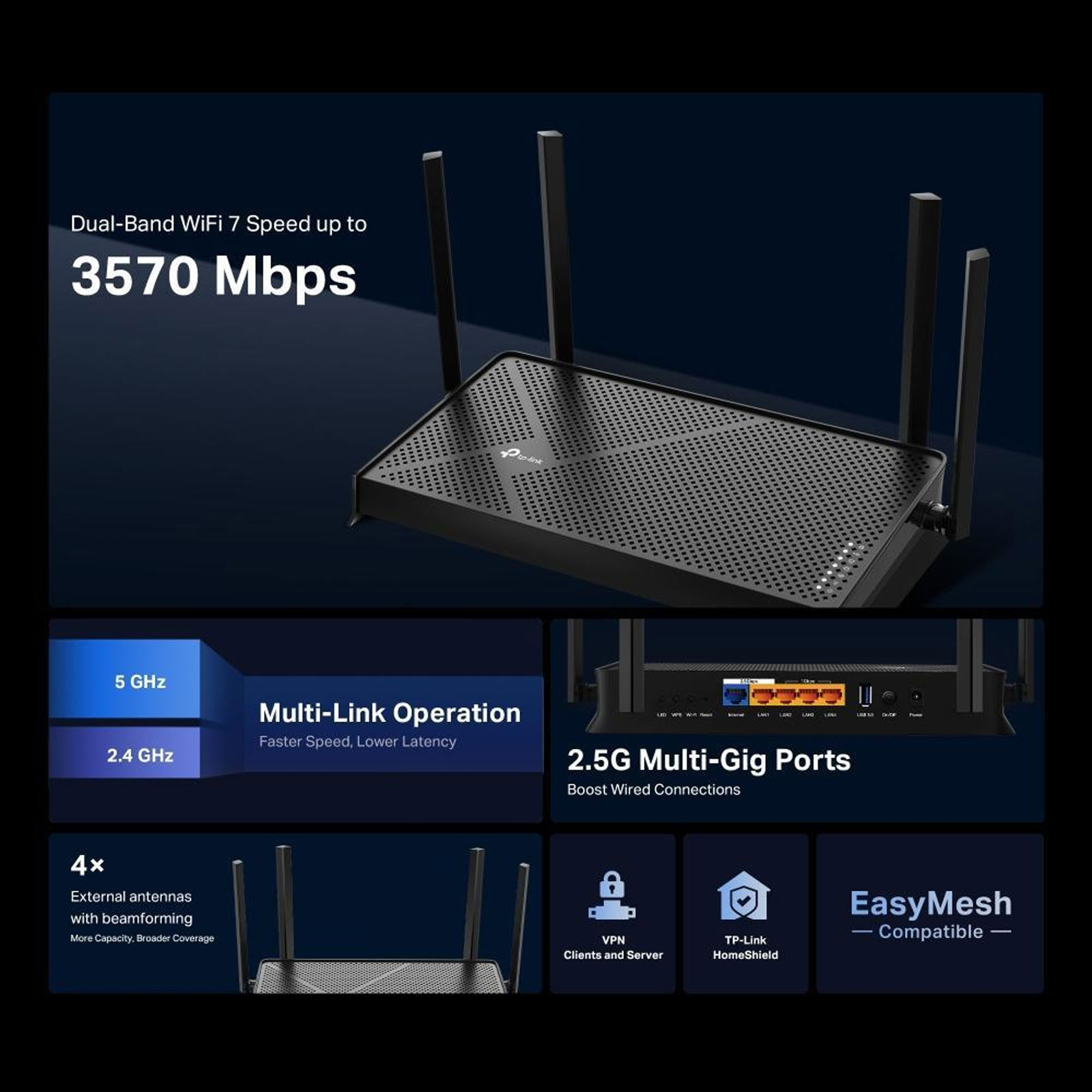 TP-Link BE3600, Schwarz, Dual-Band Wi-Fi 7 Router Router (WiFi 7, 1x 2,5 Gbps WAN-Anschluss, 1x 2,5 Gbps LAN-Anschluss und 3x 1 Gbps LAN-Anschlüsse)