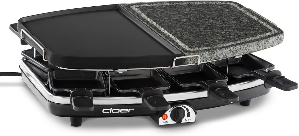 Cloer 6435 Raclette Grill mit Naturstein und 8 Raclettepfännchen