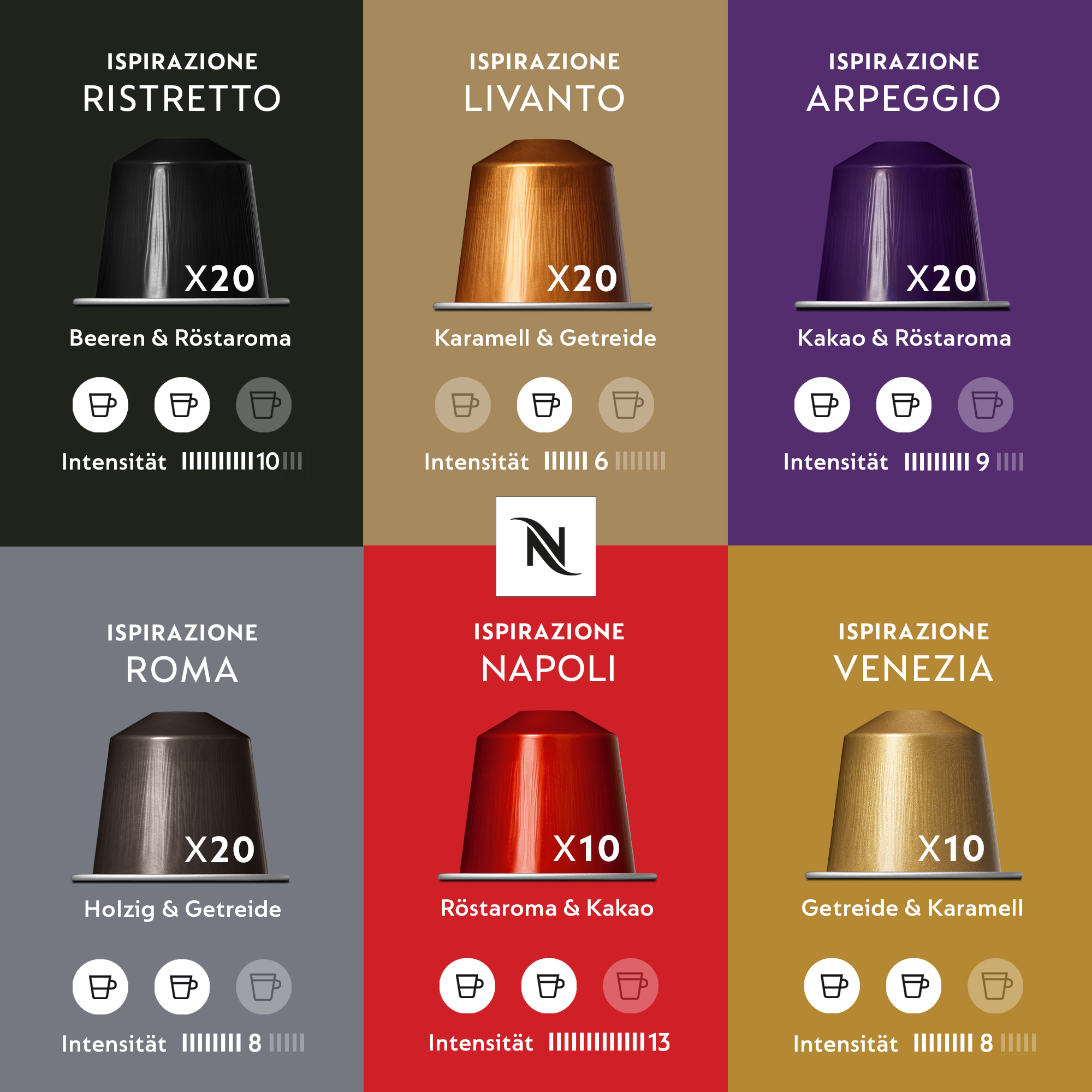 NESPRESSO ORIGINAL Ispirazione Italiana, Mittlere bis dunklere Röstungen, Kompatibel mit ORIGINAL Kapselmaschinen, Ideal für Espresso und Lungo, Kapsel Set aus 100 Kaffeekapseln