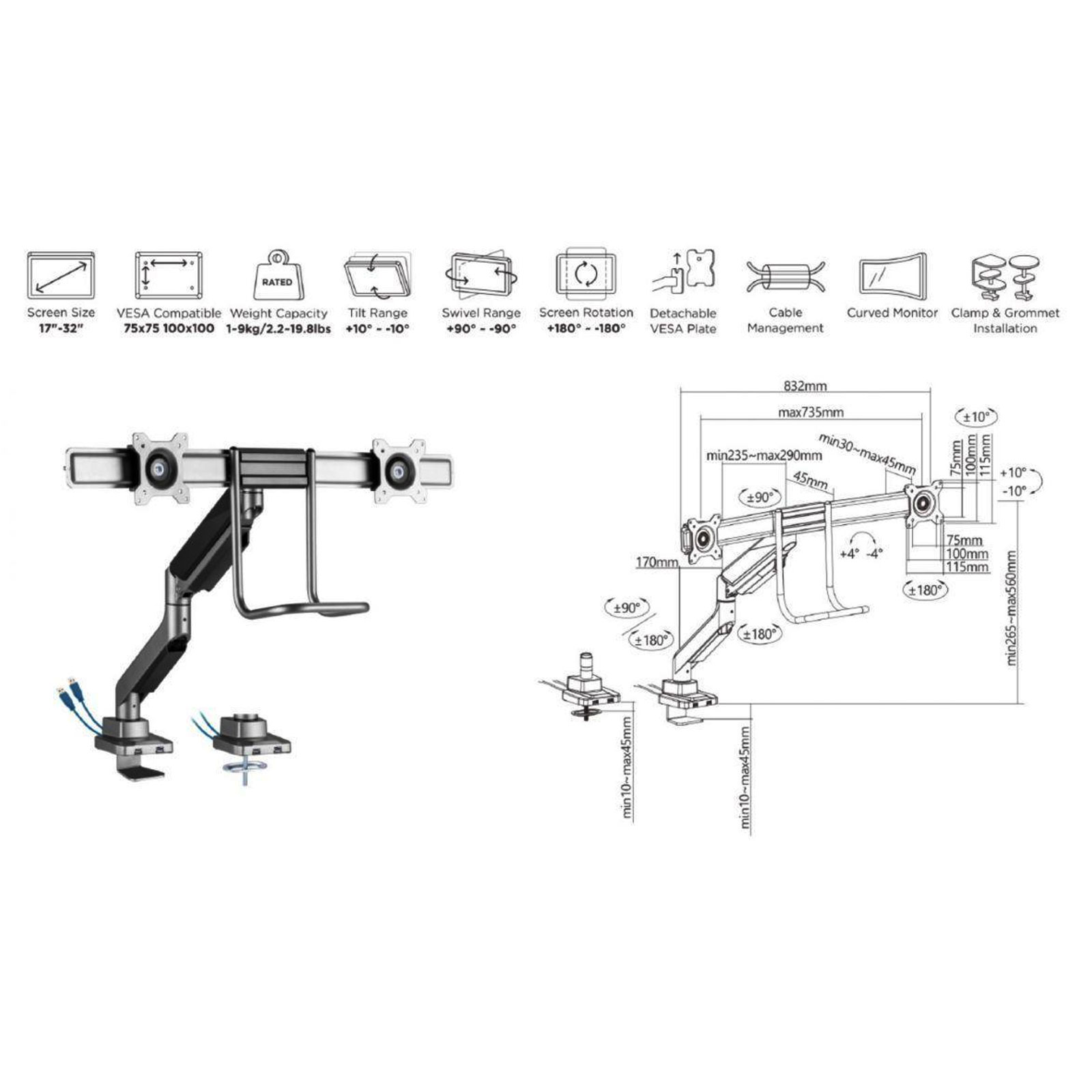Equip 17"-32" Doppelmonitor-Tischhalterung Equip 17"-32" Doppelmonitor-Tischhalterung