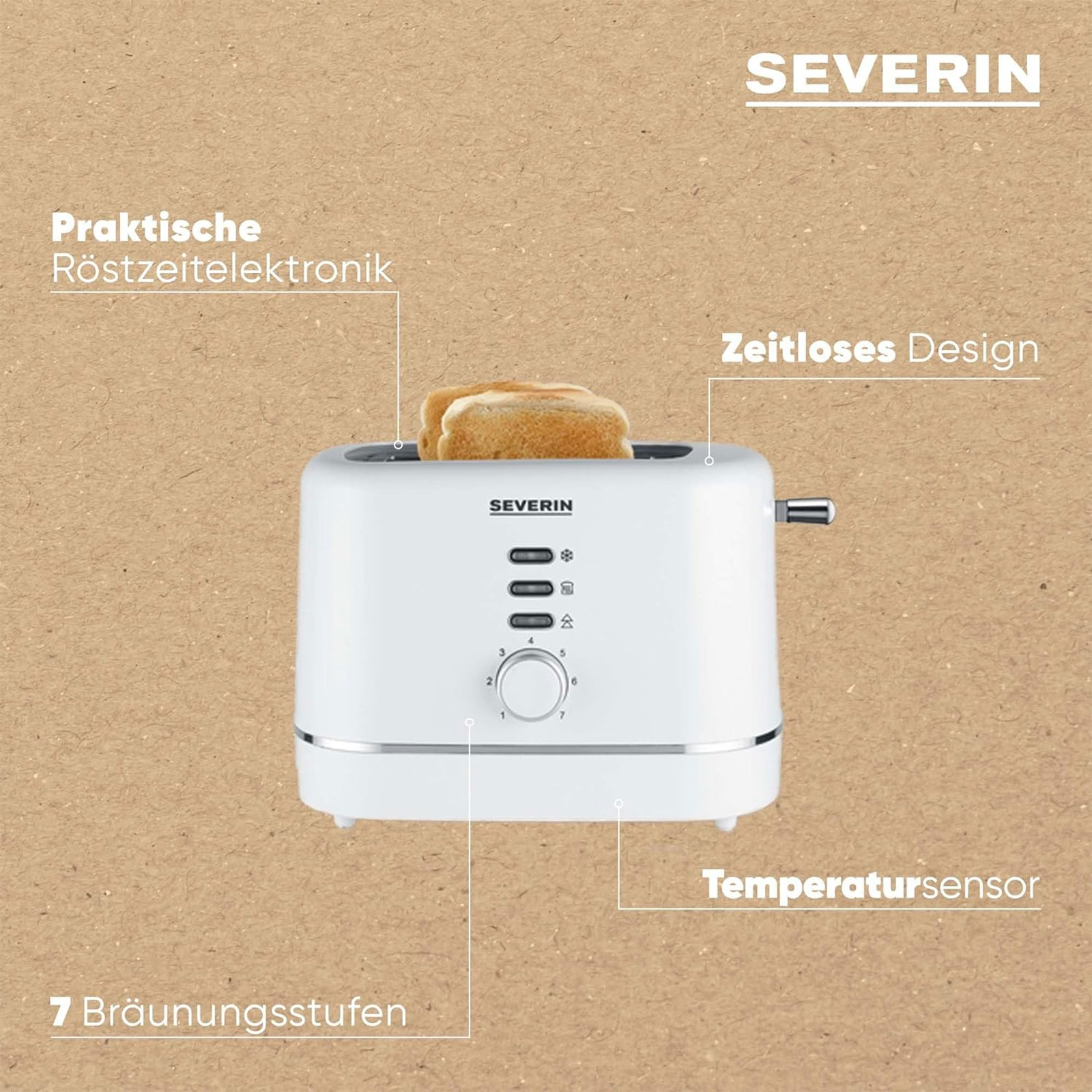 Severin  AT 4324 Toaster (850 W, Kunststoff, weiß, Brötchenaufsatz, Auftaufunktion, Aufwärmfunktion, Krümelschublade)