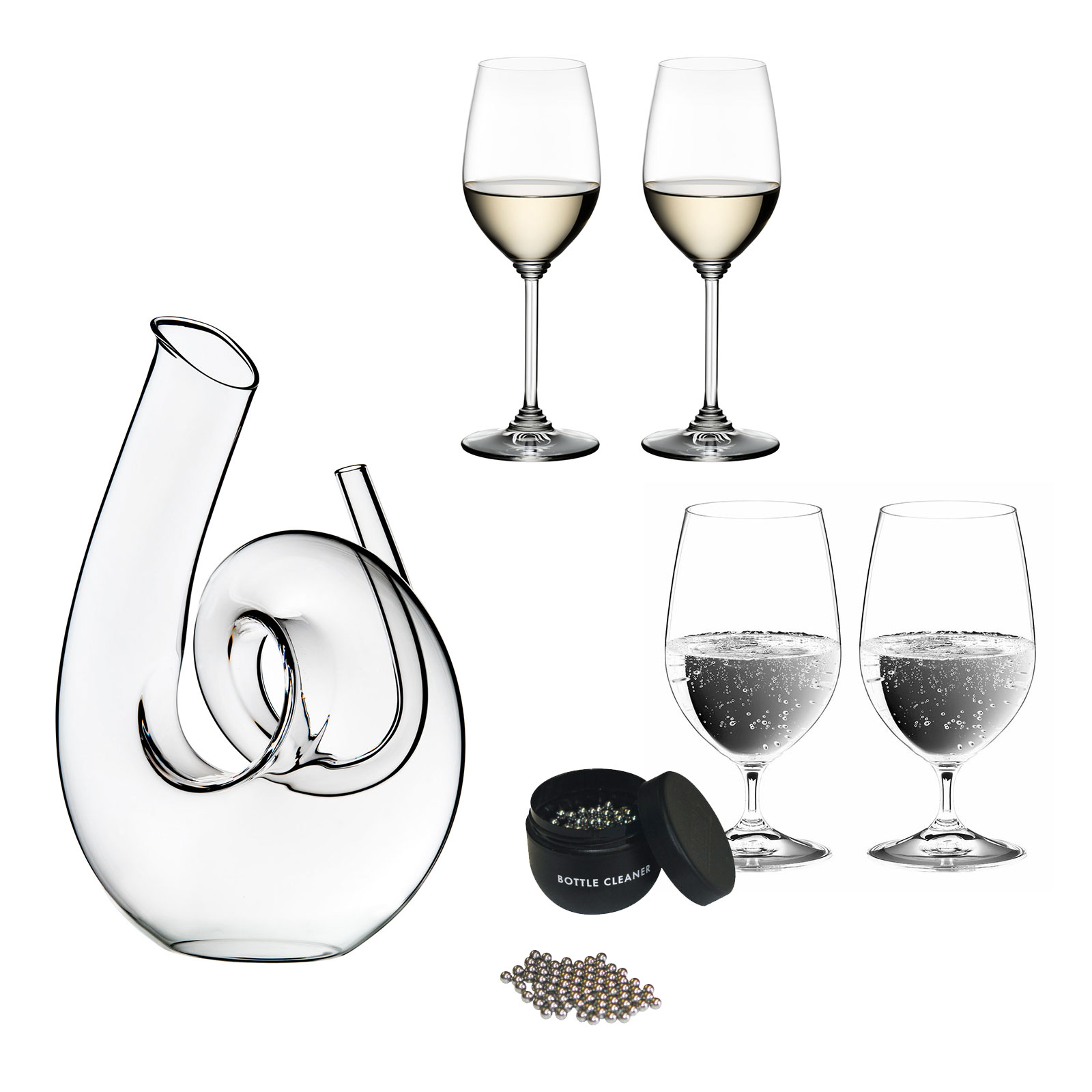 Riedel Dekanter HM Curly Klar + Riedel Wine Zinfandel/Riesling Weinglas 2er Set + Riedel Vinum Gourmet Glas inkl. Reinigungskugeln