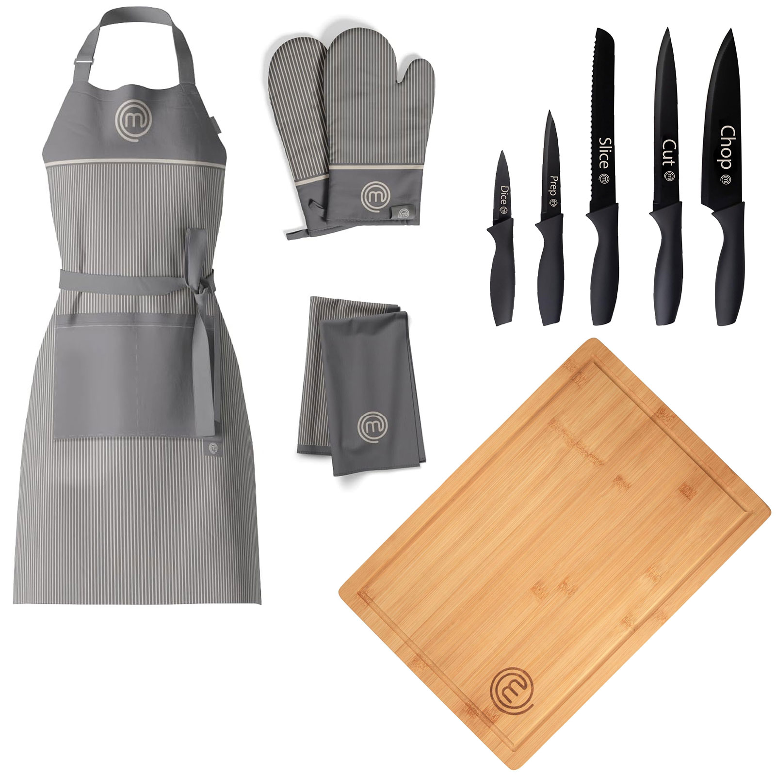 MasterChef FSC Schneidebrett + 5-teiliges Küchenmesser-Set + Küchentextilien-Set 3-teilig