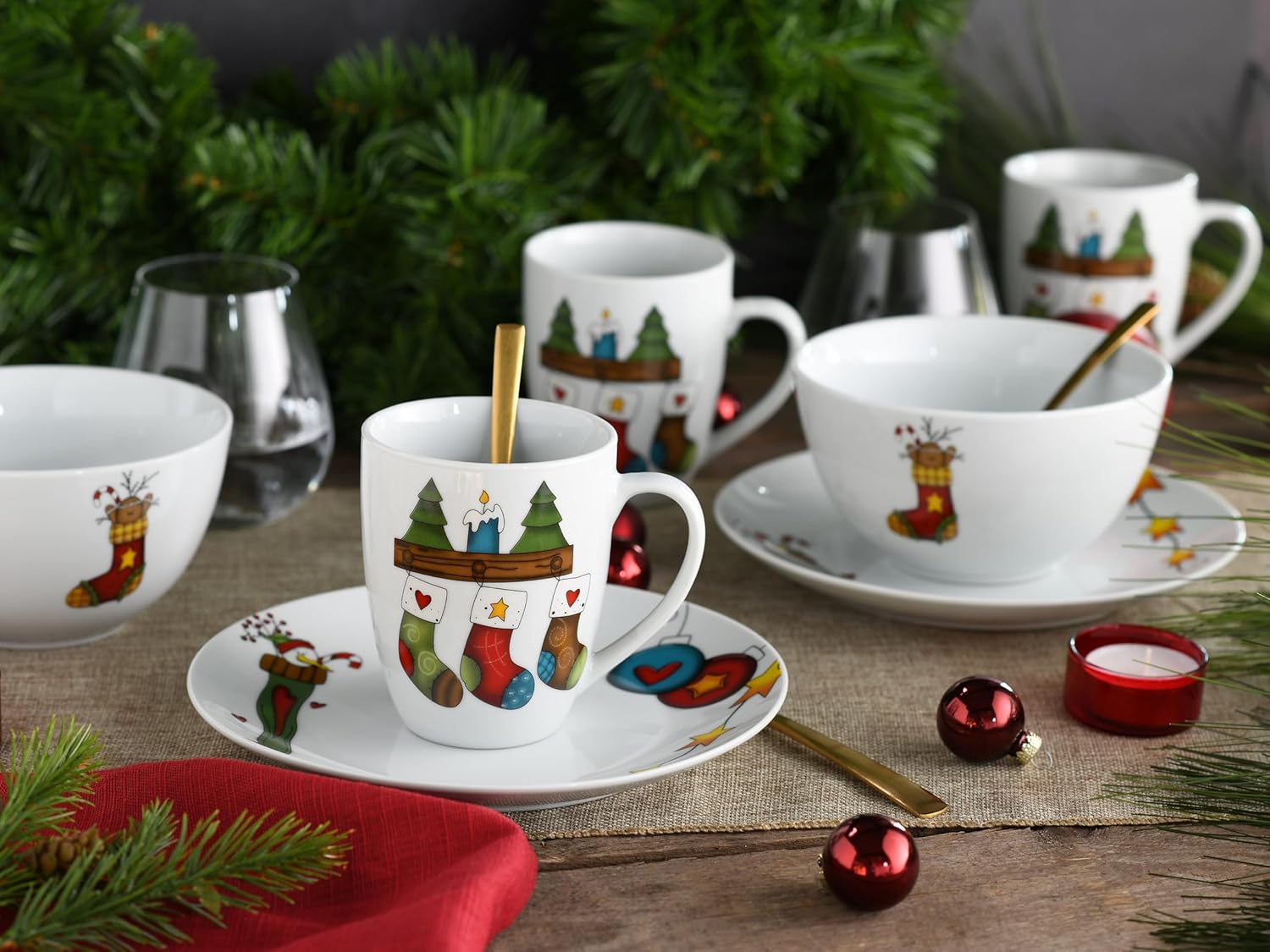 CreaTable, 21848, Serie Luna Socken, 12-teiliges Geschirrset, Brunch Set aus Porzellan,