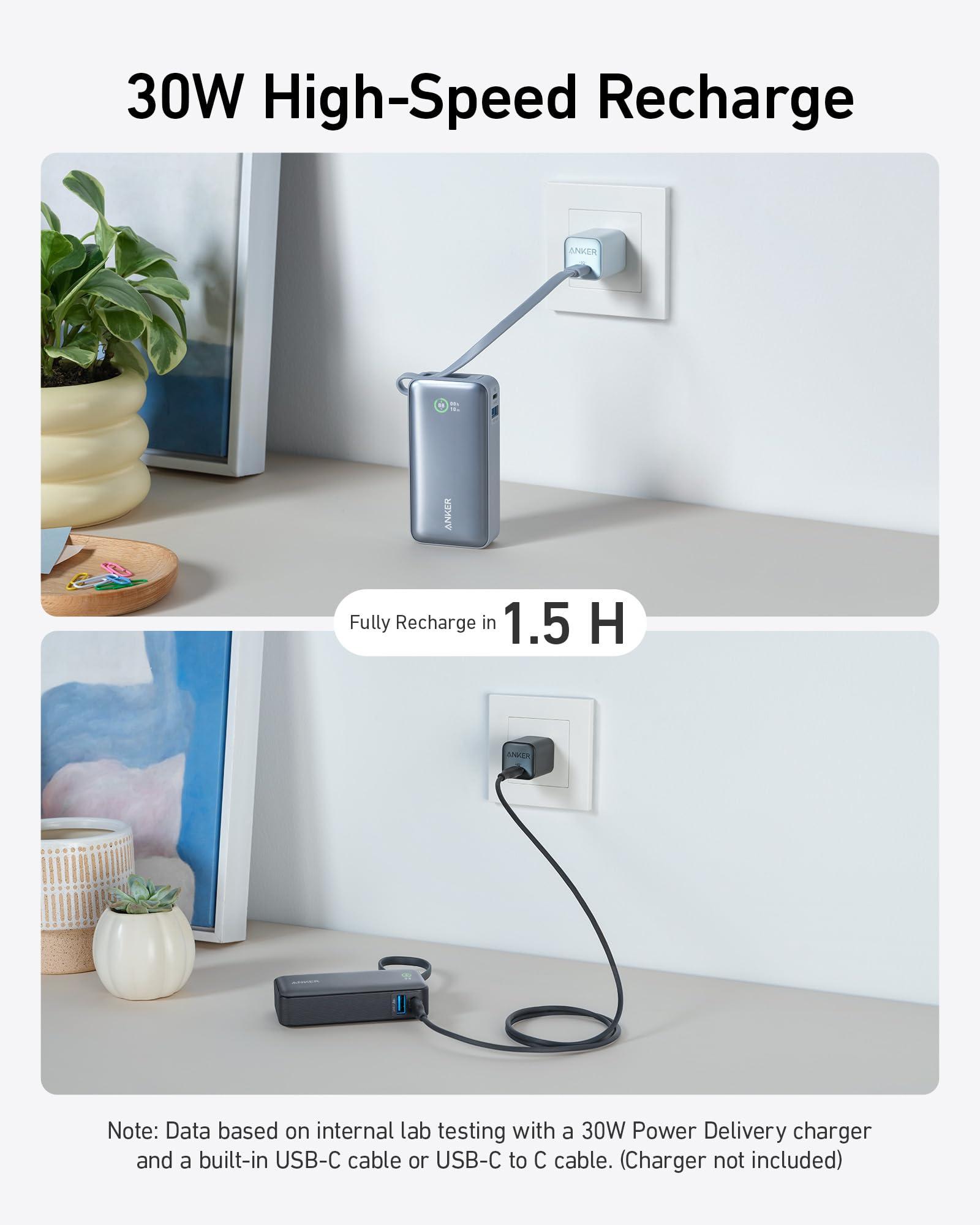 Anker Nano Powerbank (10K, 45W, Integriertes einziehbares USB-C Kabel)