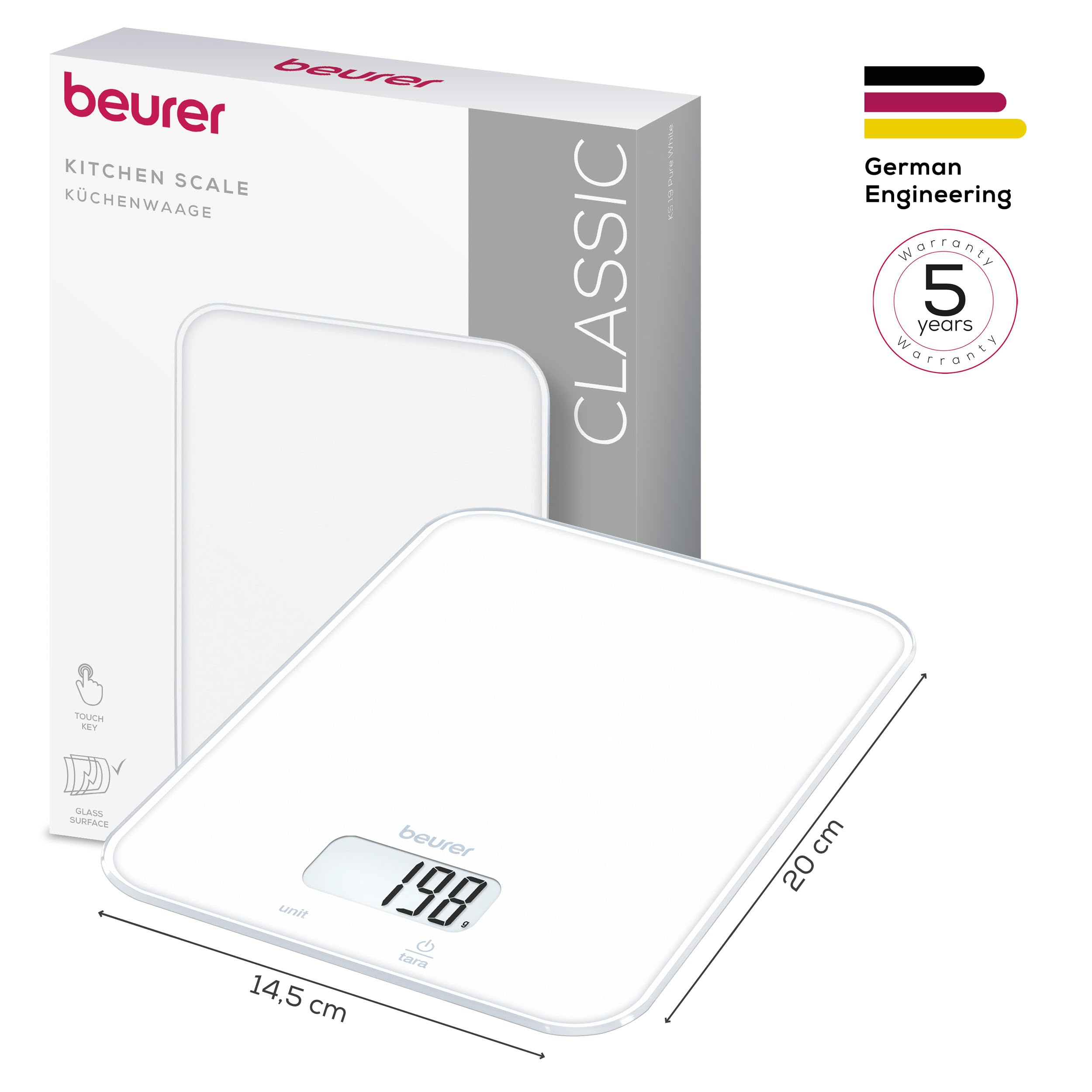 Beurer KS 19 Pure White digitale Küchenwaage, Tragkraft bis zu 5 kg