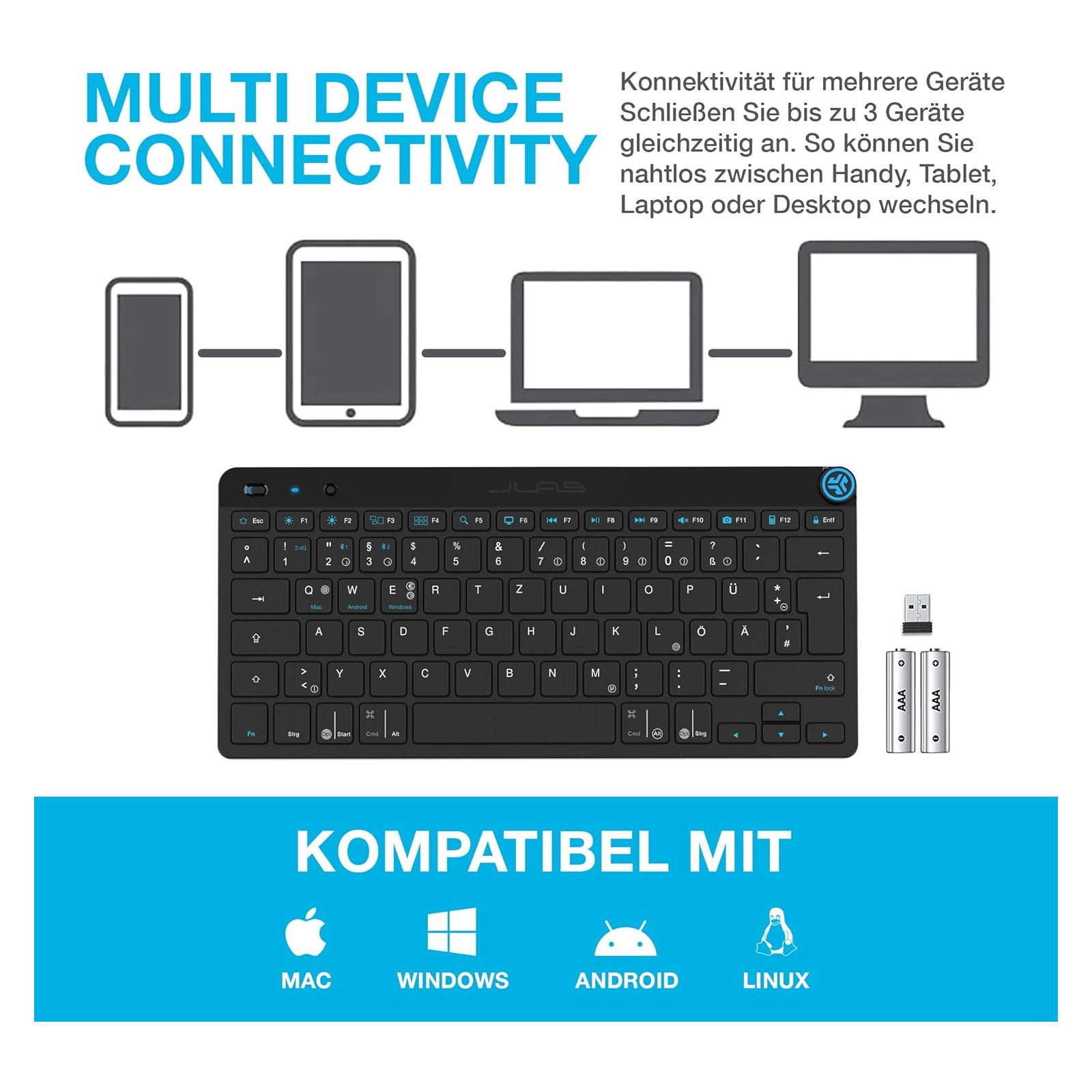 JLab Go Keyboard Schwarz Wireless-Tastatur Bluetooth und 2,4 GHZ USB Dongle 