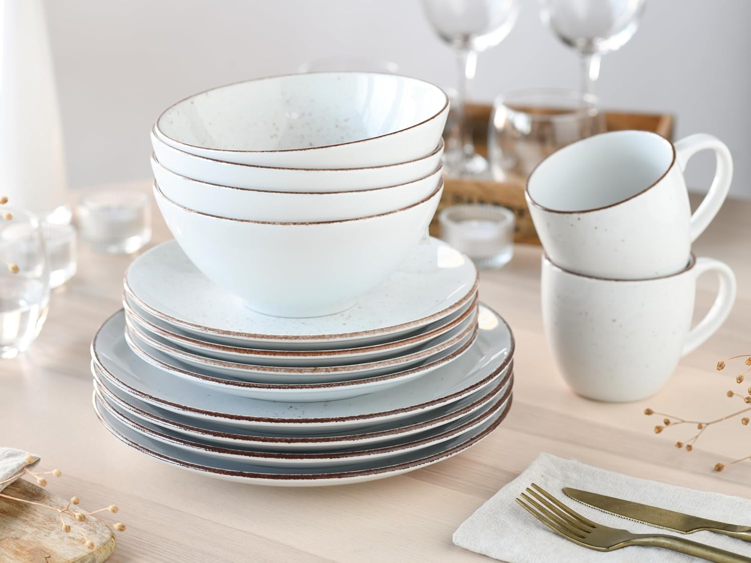 CreaTable, 20317, Serie VINTAGE NATURE weiss, Geschirrset Kombiservice 16 teilig