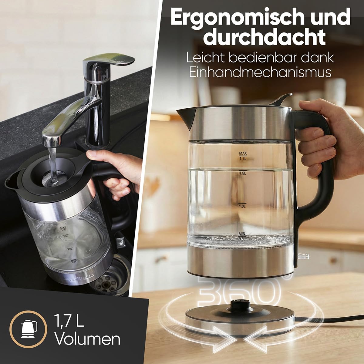 ProfiCook® Wasserkocher Glas | 1,7L | 2200W | beleuchtet | Einhandbedienung
