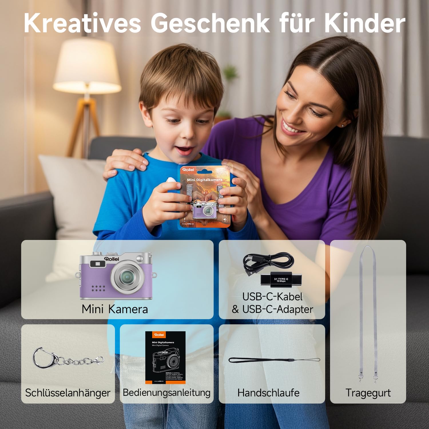 Rollei Digital Minikamera Vintage Lila, 1080P FHD Kleine Retro Digitalkamera