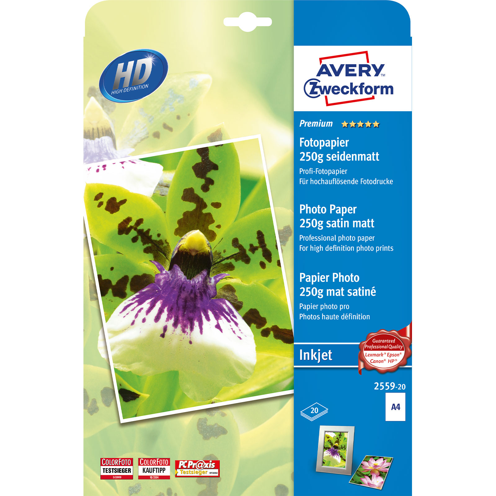 AVERY Zweckform 2559-20 Premium Fotopapier (Inkjet, DIN A4, einseitig beschichtet, 250 g/m², 20 Blatt)