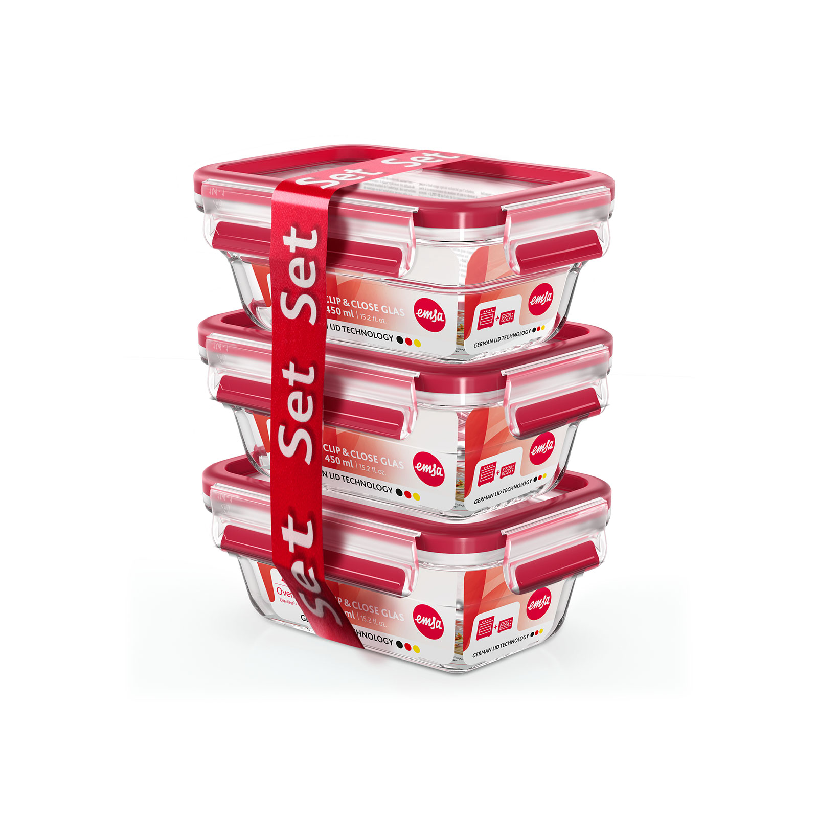 EMSA CLIP & CLOSE Glas Frischhaltedosen 3er Set, 3 x 0,45 L
