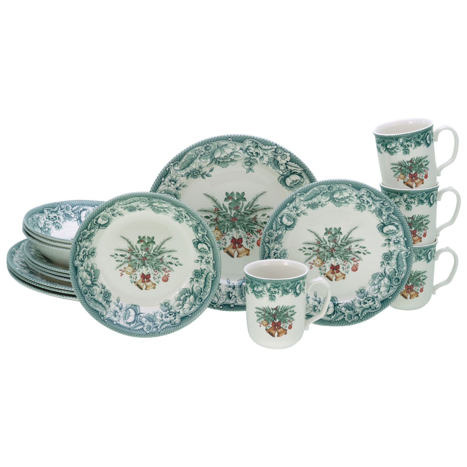 CreaTable, 16959, Serie Weihnachten Grün, 16-teiliges Geschirrset, Kombiservice aus Steingut