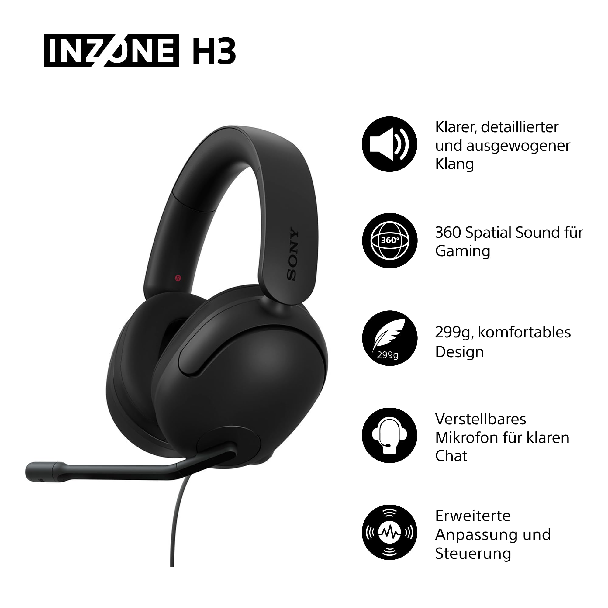 Sony INZONE H3 Kabelgebundenes Gaming-Headset – PC/PS5, 360 Spatial Sound