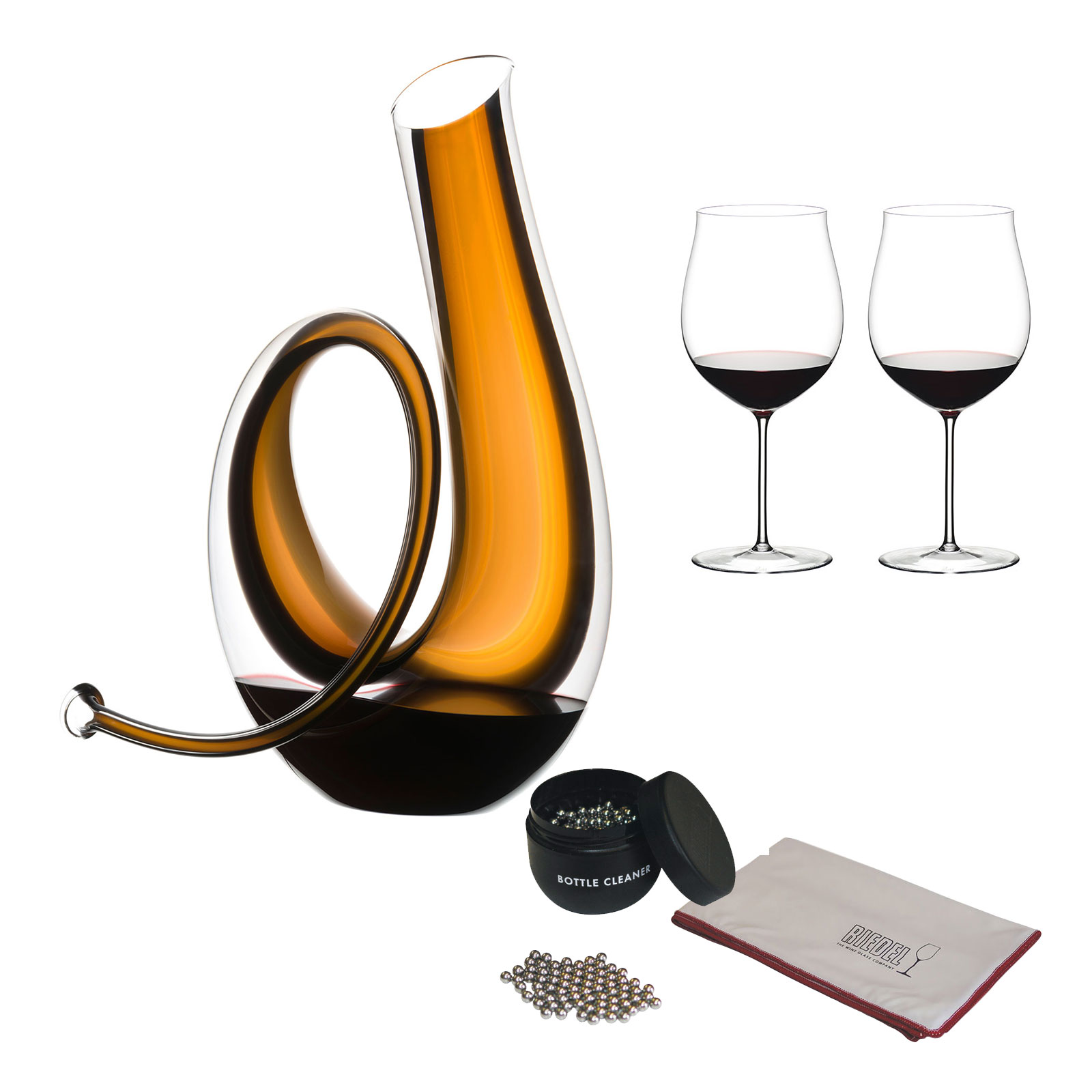 Riedel Dekanter Horn + Riedel Sommeliers Value Set Burgundy Grand Cru 2Pk inkl. Reinigungskugeln Poliertuch