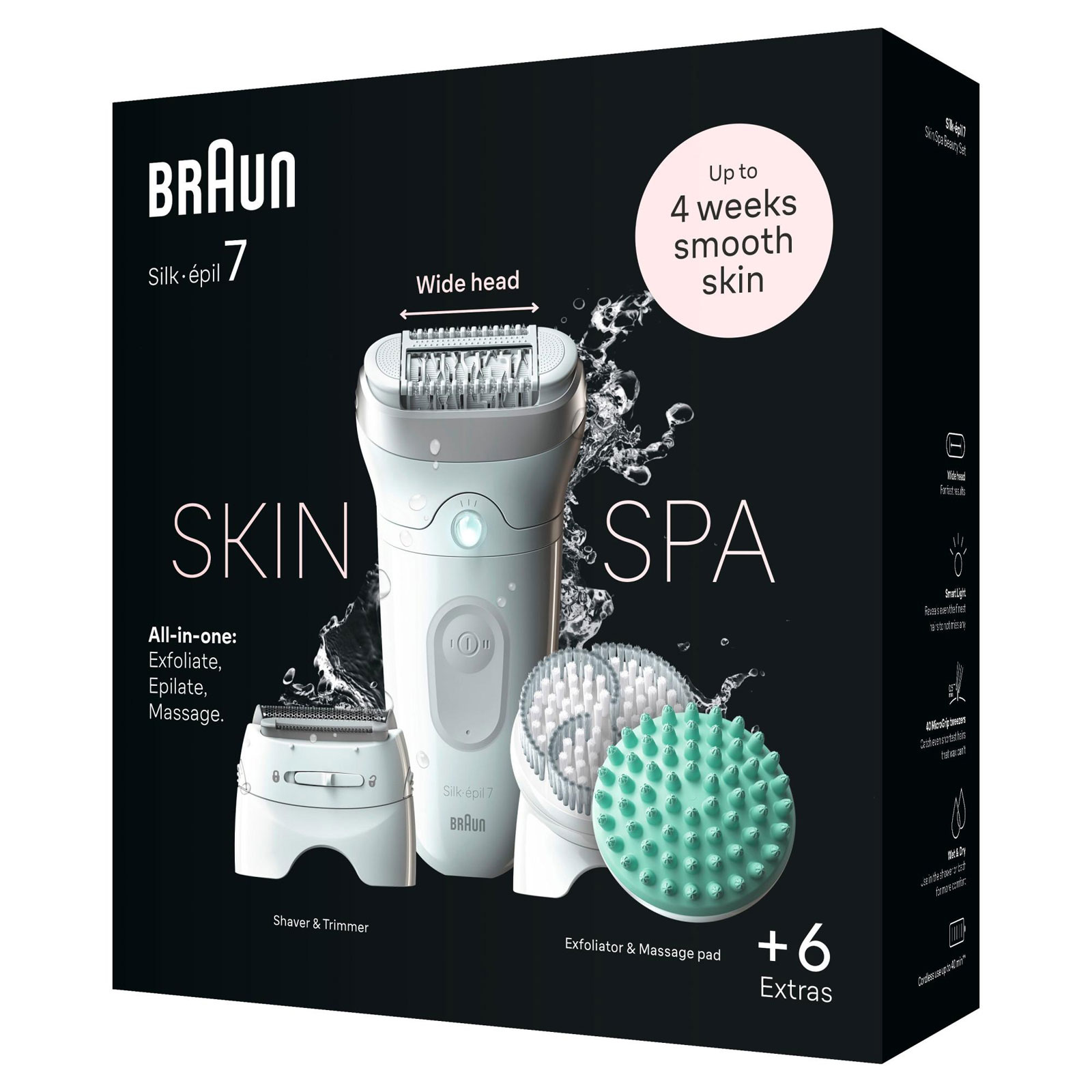 Braun Epilierer Silk-épil 7 SkinSpa 7-081 (SkinSpa All-In-One Set für glatte Haut von Kopf bis Fuß, Massageaufsatz, Peelingbürste, Rasieraufsatz, Trimmeraufsatz, Wet&;Dry-Anwendung, Smartlight-Funktion, Made in Germany)