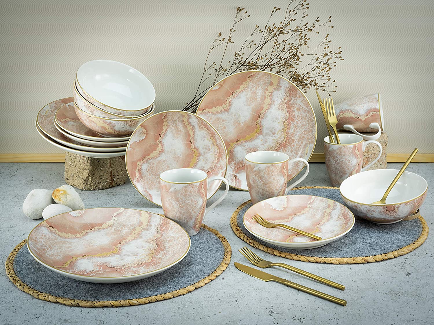 Creatable, 22275, Serie Marmor Collection grau, Geschirrset, Kombiservice 16 teilig, Steinzeug
