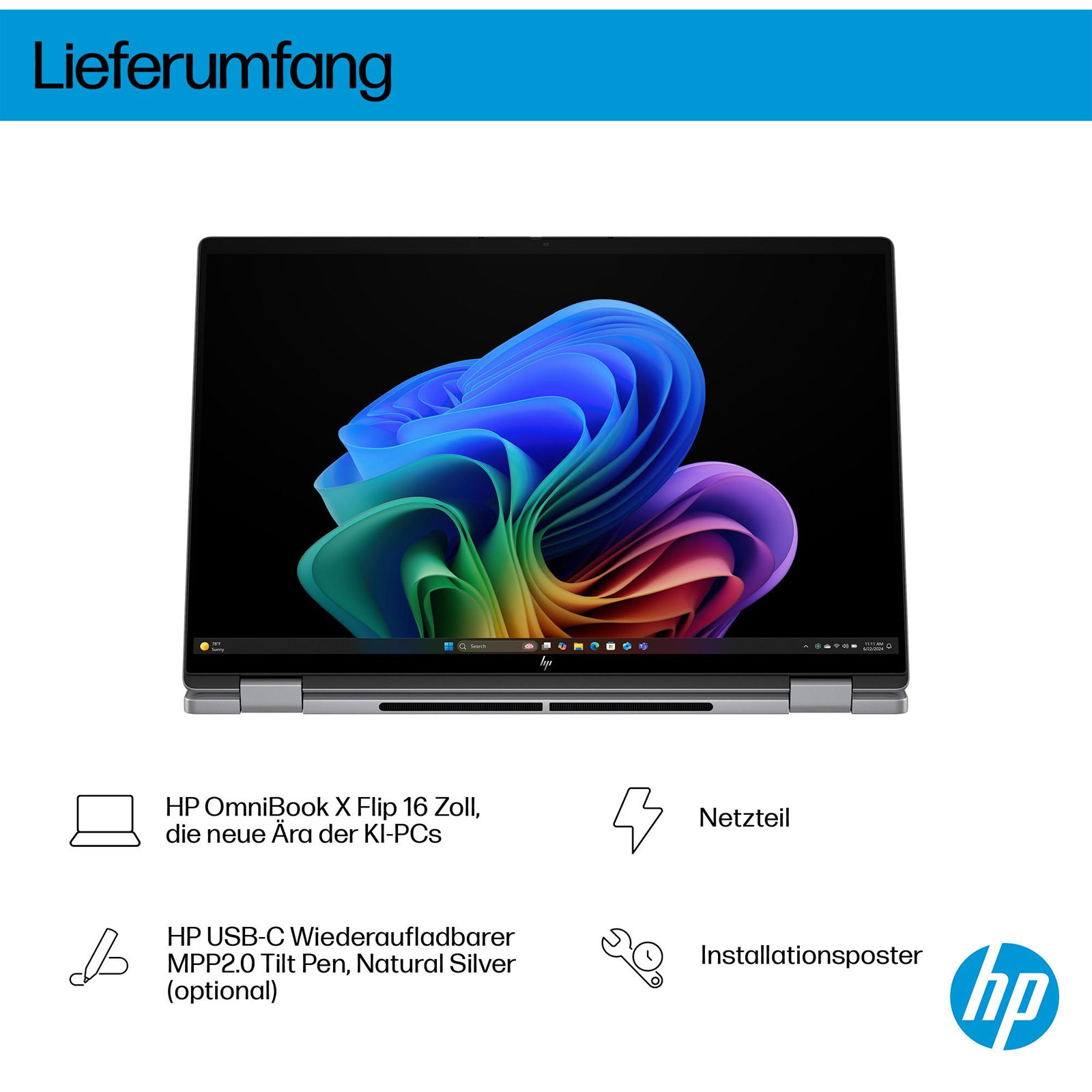 HP OmniBook X FlipNGAI 16-ar0653ng, 16 Zoll, Touch, 2K, IPS, AMD Ryzen AI 5 340, 16 GB, 1 TB M.2 SSD (Meteorsilber)