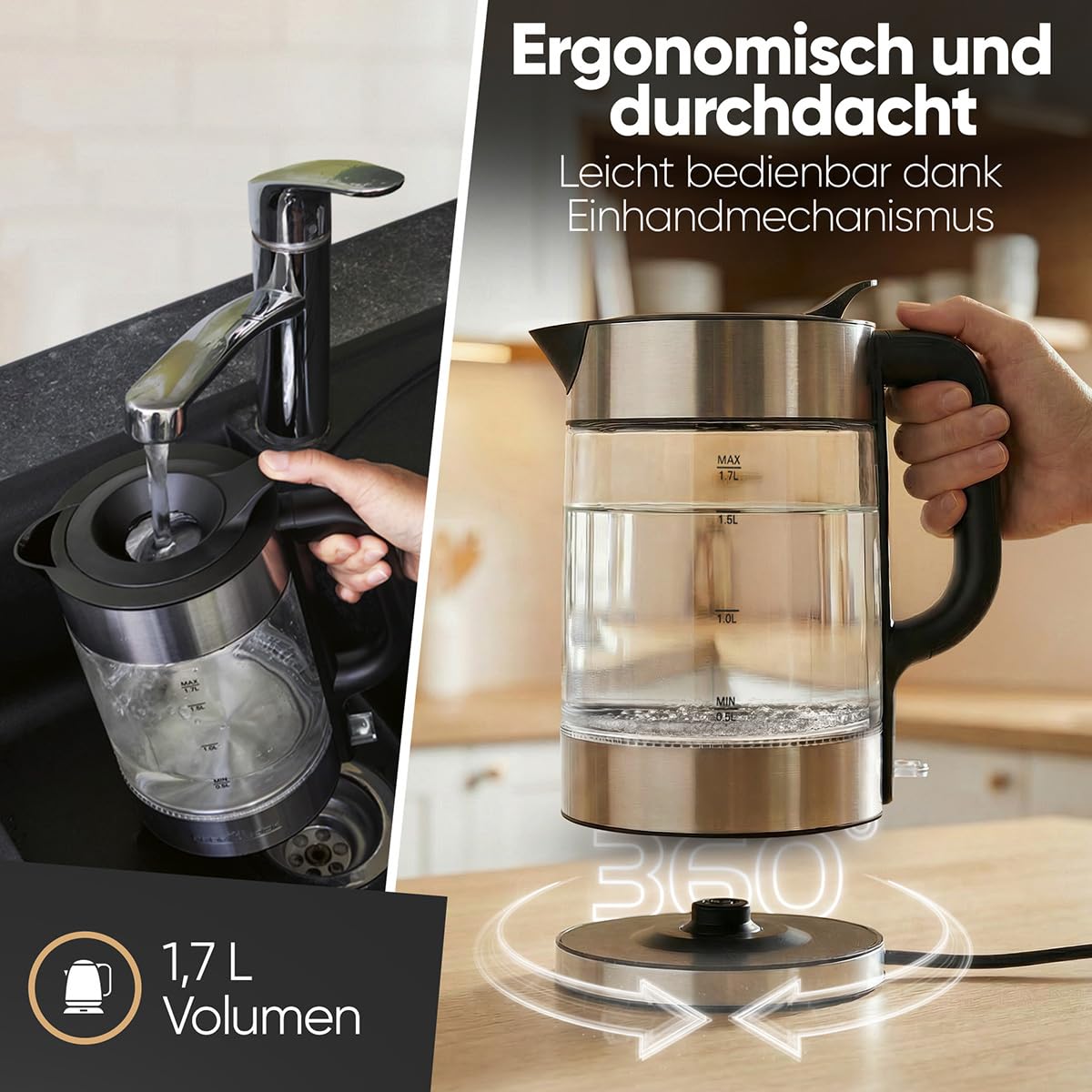 ProfiCook® Wasserkocher Glas | 1,7L | 2200W | beleuchtet | Einhandbedienung