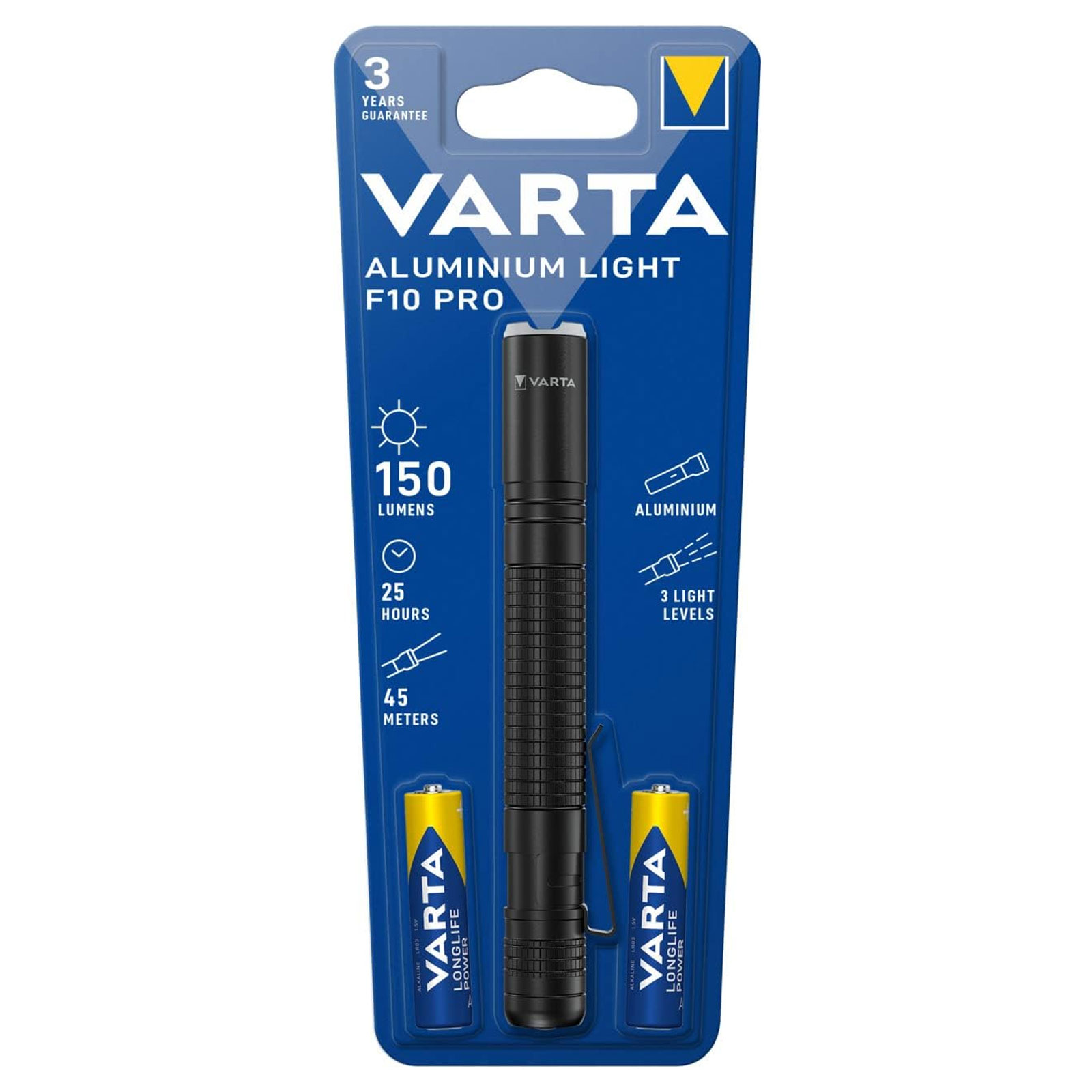 VARTA Taschenlampe Aluminium Light F10 Pro (stoßfest (1 m), LED, 2 x Longlife Power AAA)