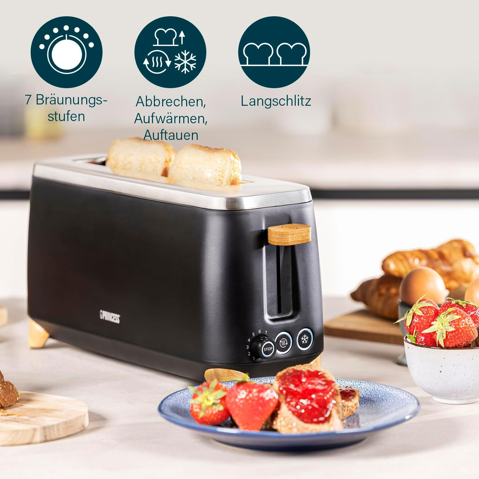 PRINCESS 142361 Pure Toaster (Langschlitztoaster, 1 Scheibe, 1000 W, Metall, schwarz, Bambus, Auftaufunktion)