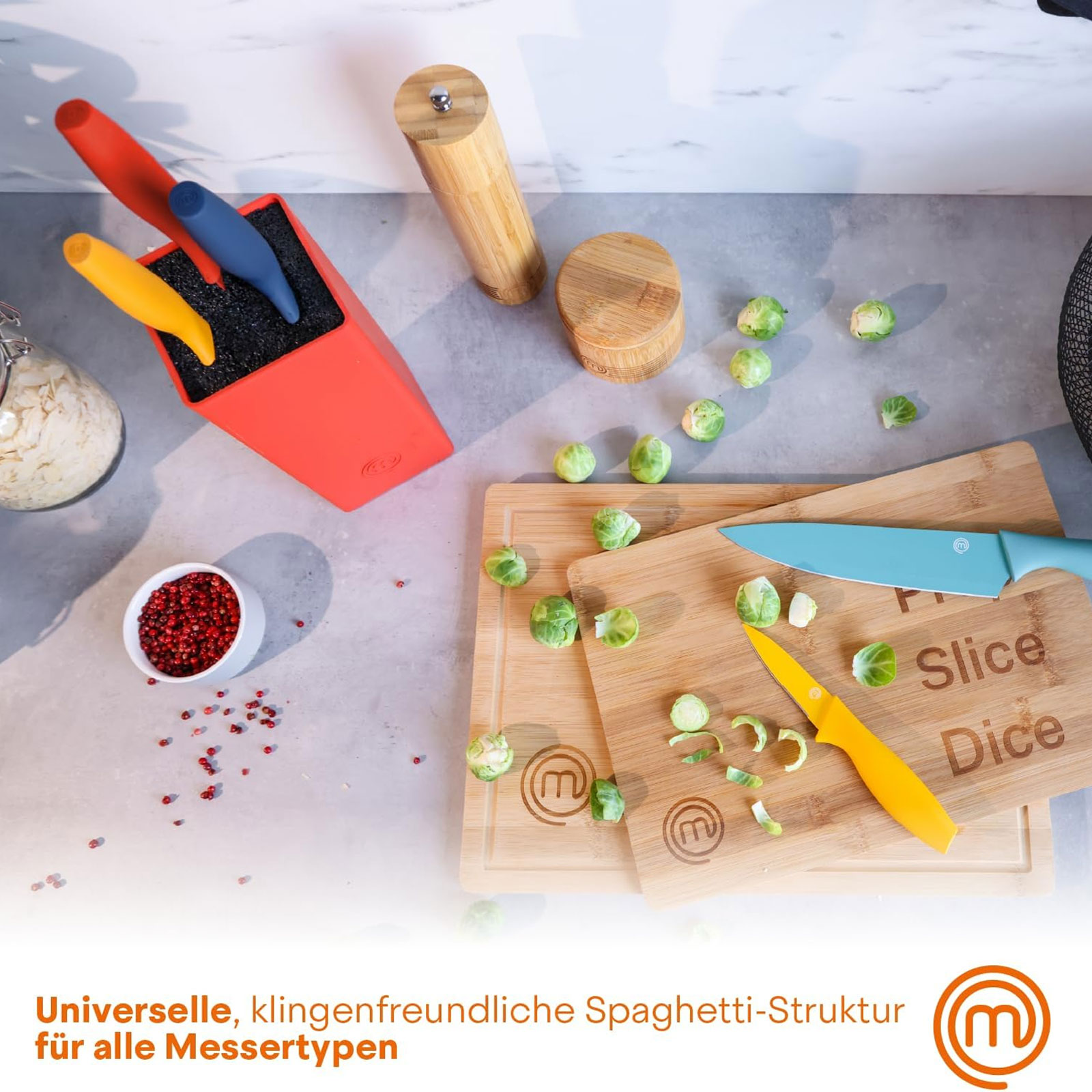 MasterChef Küchentextilien-Set 3-teilig + Messerblock 6-teilig