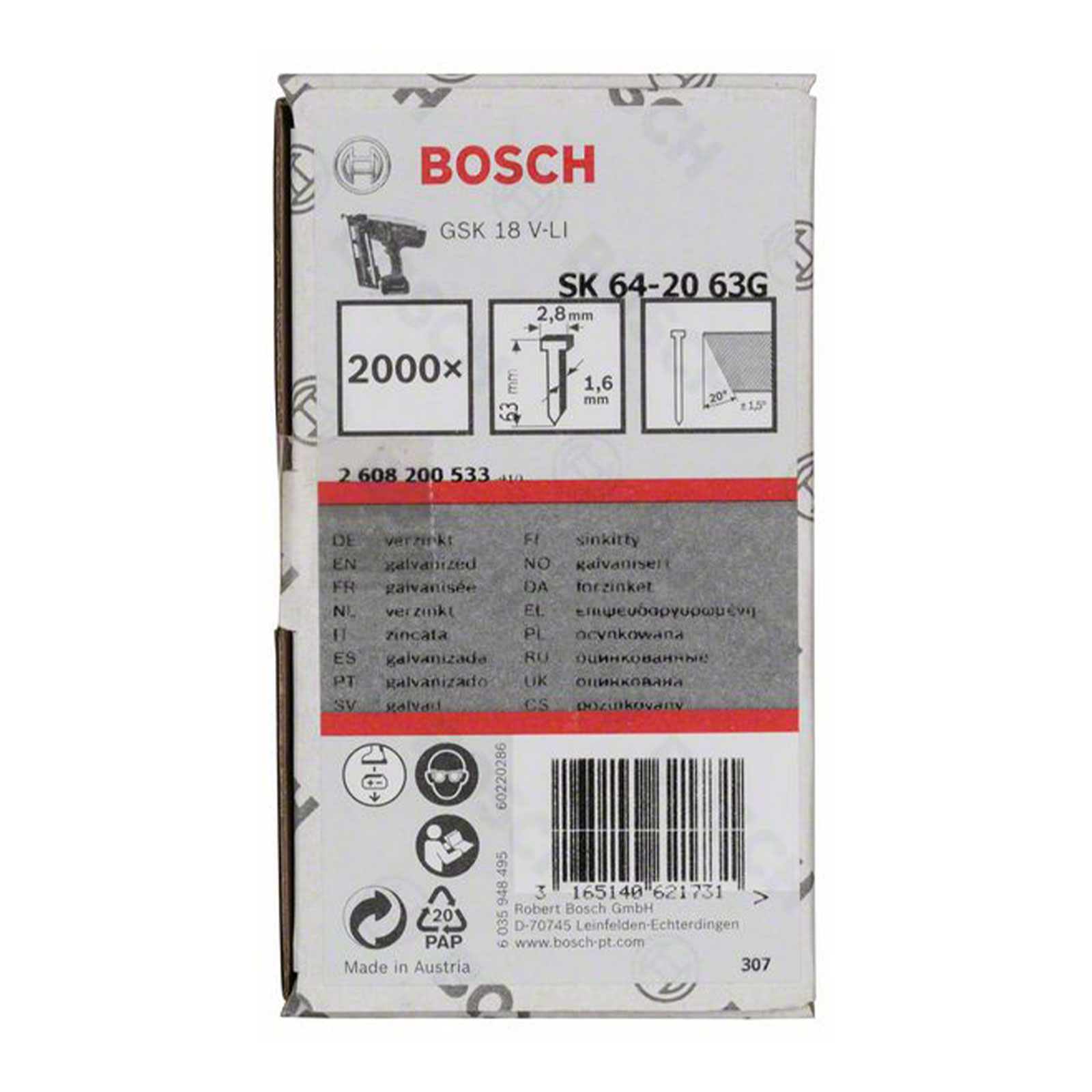 Bosch Professional Senkkopf-Stift SK64 20G, 63 mm verzinkt