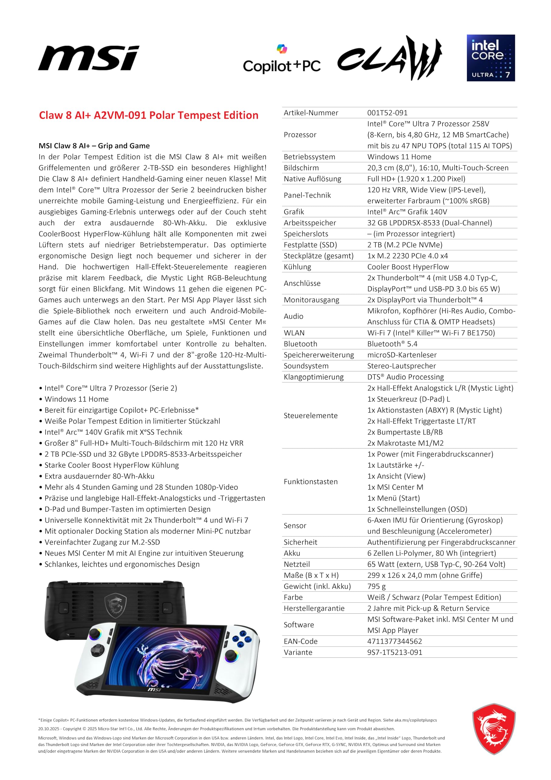 MSI Claw 8 AI+ Gaming Handheld, Polar Tempest Edition, 8 Zoll