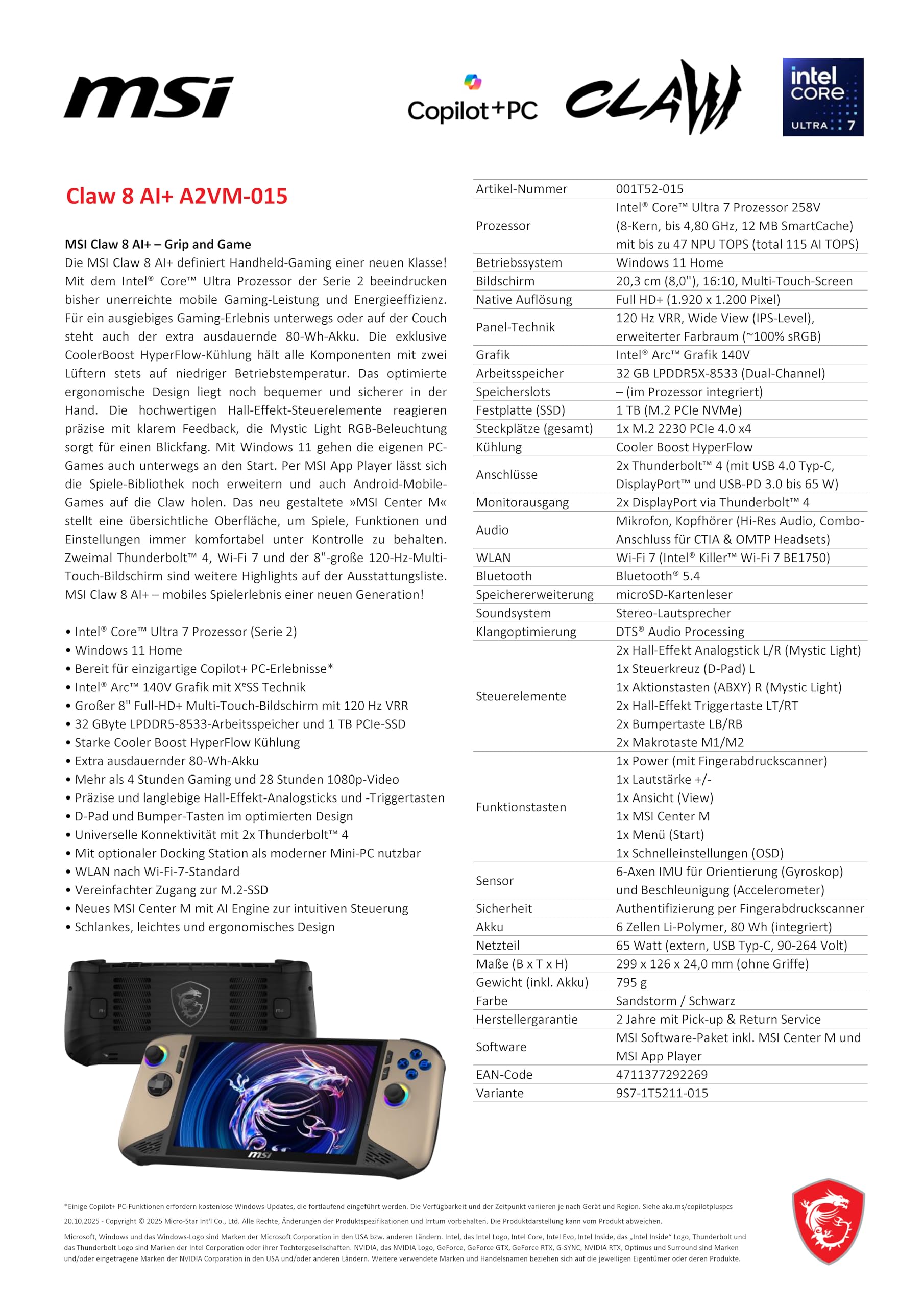 MSI Claw 8 AI+ Gaming Handheld