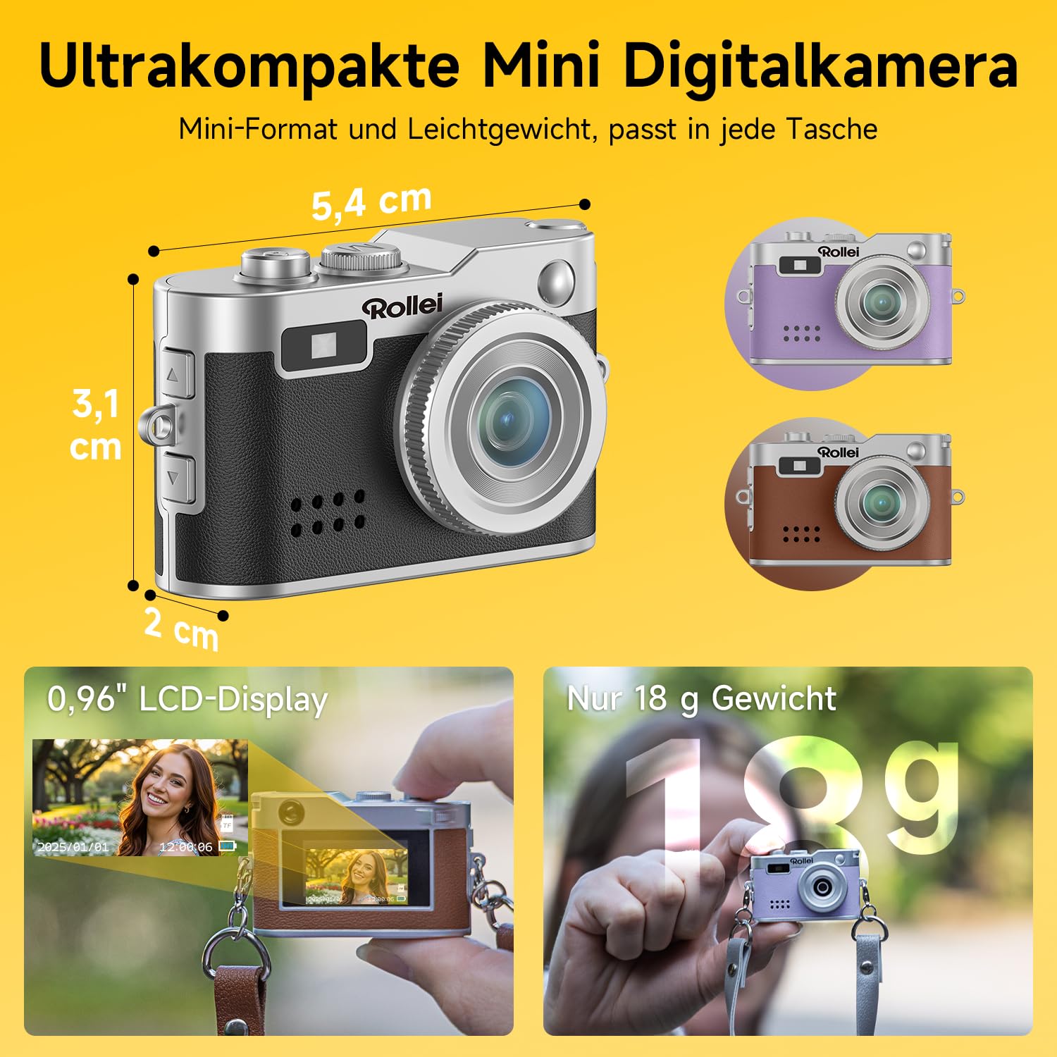 Rollei Digital Minikamera Vintage Lila, 1080P FHD Kleine Retro Digitalkamera