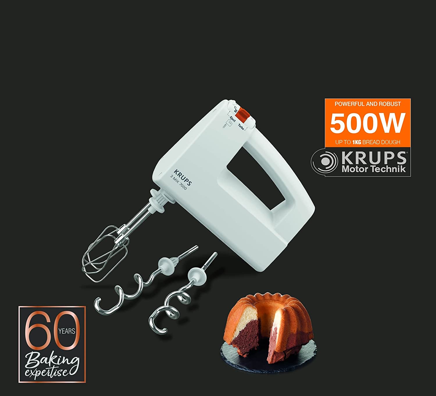 KRUPS Handmixer 3 Mix 7000 mit Schneebesen & Knethacken