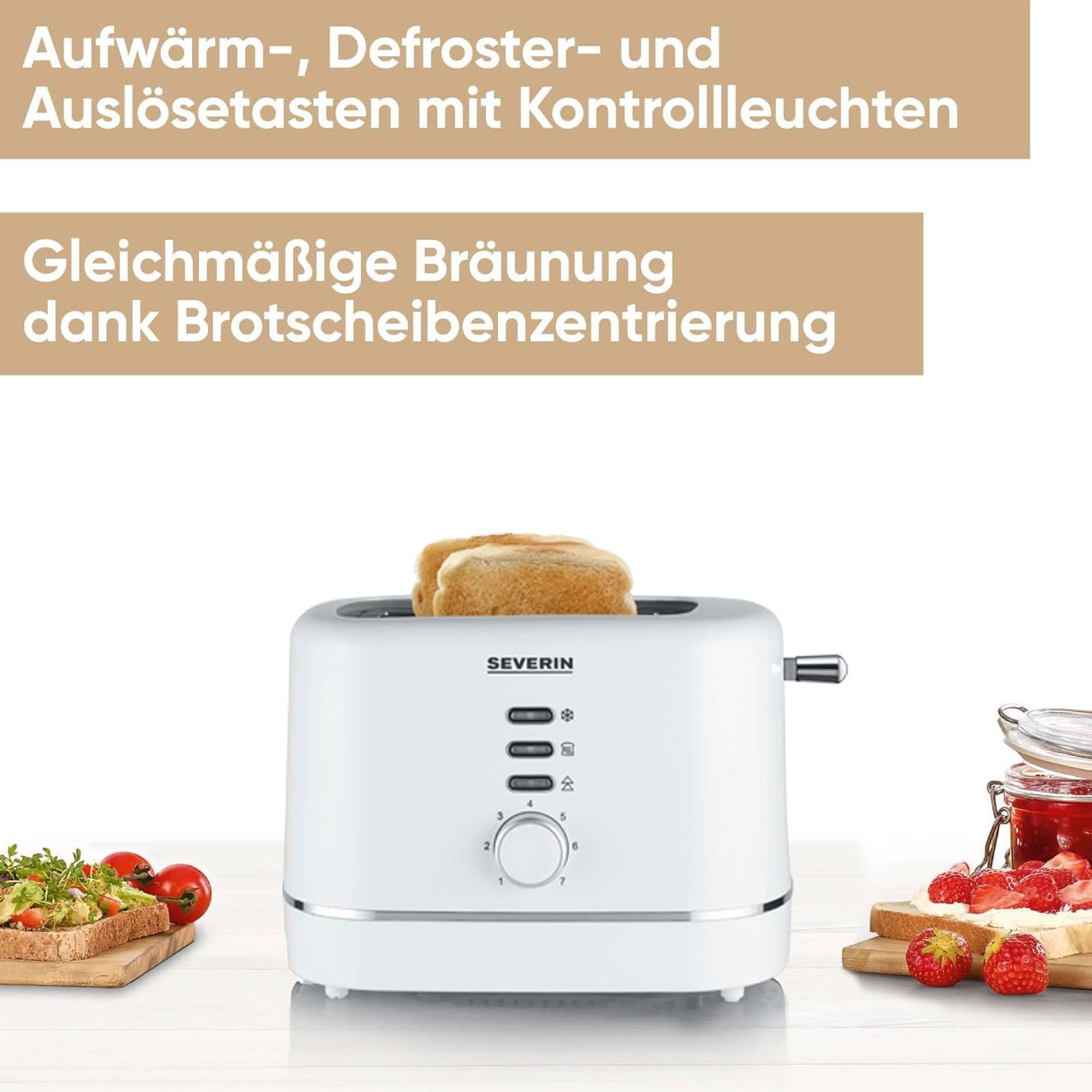 Severin  AT 4324 Toaster (850 W, Kunststoff, weiß, Brötchenaufsatz, Auftaufunktion, Aufwärmfunktion, Krümelschublade)