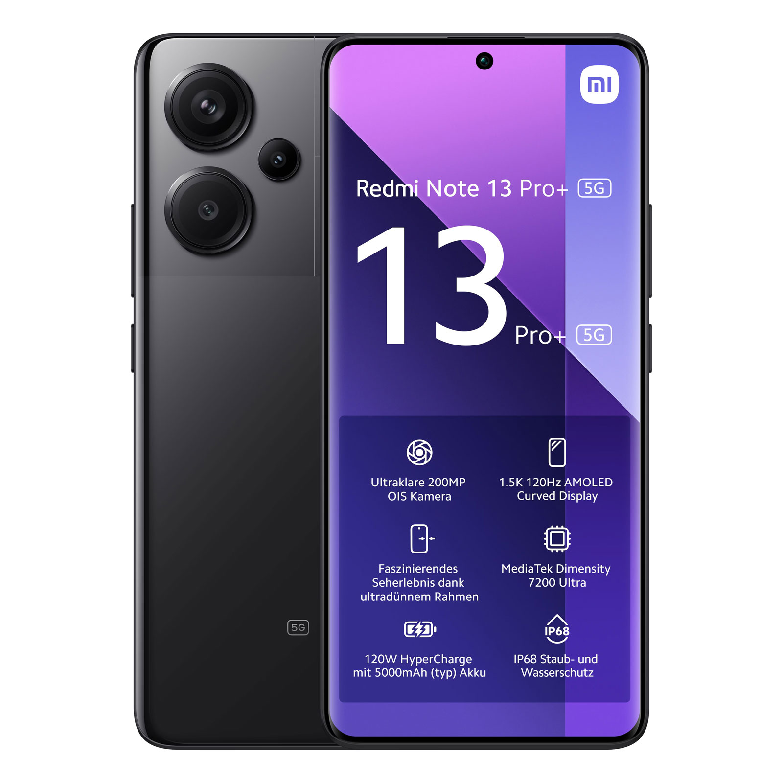 Xiaomi Redmi Note 13 Pro+ 5G 12GB + 512GB Midnight Black Smartphone (6,67 Zoll, 200 MP, Triple-Kamera, 5.000-mAh, Octa-Core, Fingerabdrucksensor, Gesichtserkennung, schwarz)