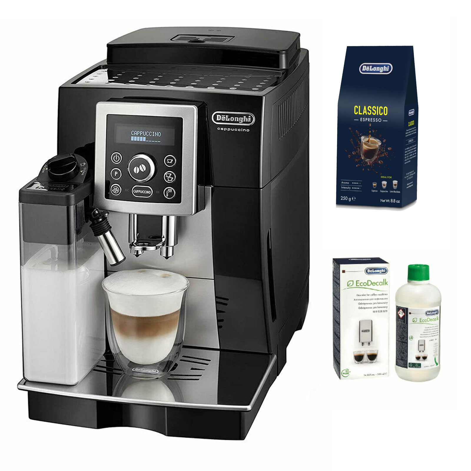 DeLonghi ECAM 23.463.B Kaffeevollautomat Bundle inkl. DLSC600 CLASSICO 250 g ganze Bohne und 500ml Entkalker