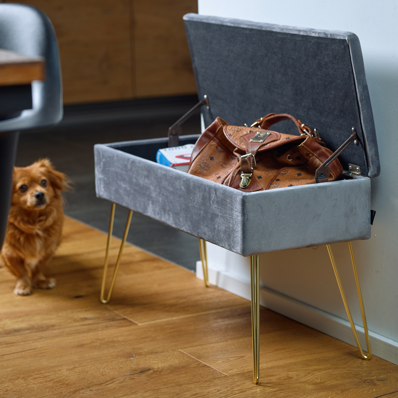 ECHTWERK Sitzbank Scarlett, Polsterbank mit Samtbezug, Aufbewahrungstruhe rechteckig, Schminkbank mit Stauraum, Metallbeine, 75 x 30 x 42 cm