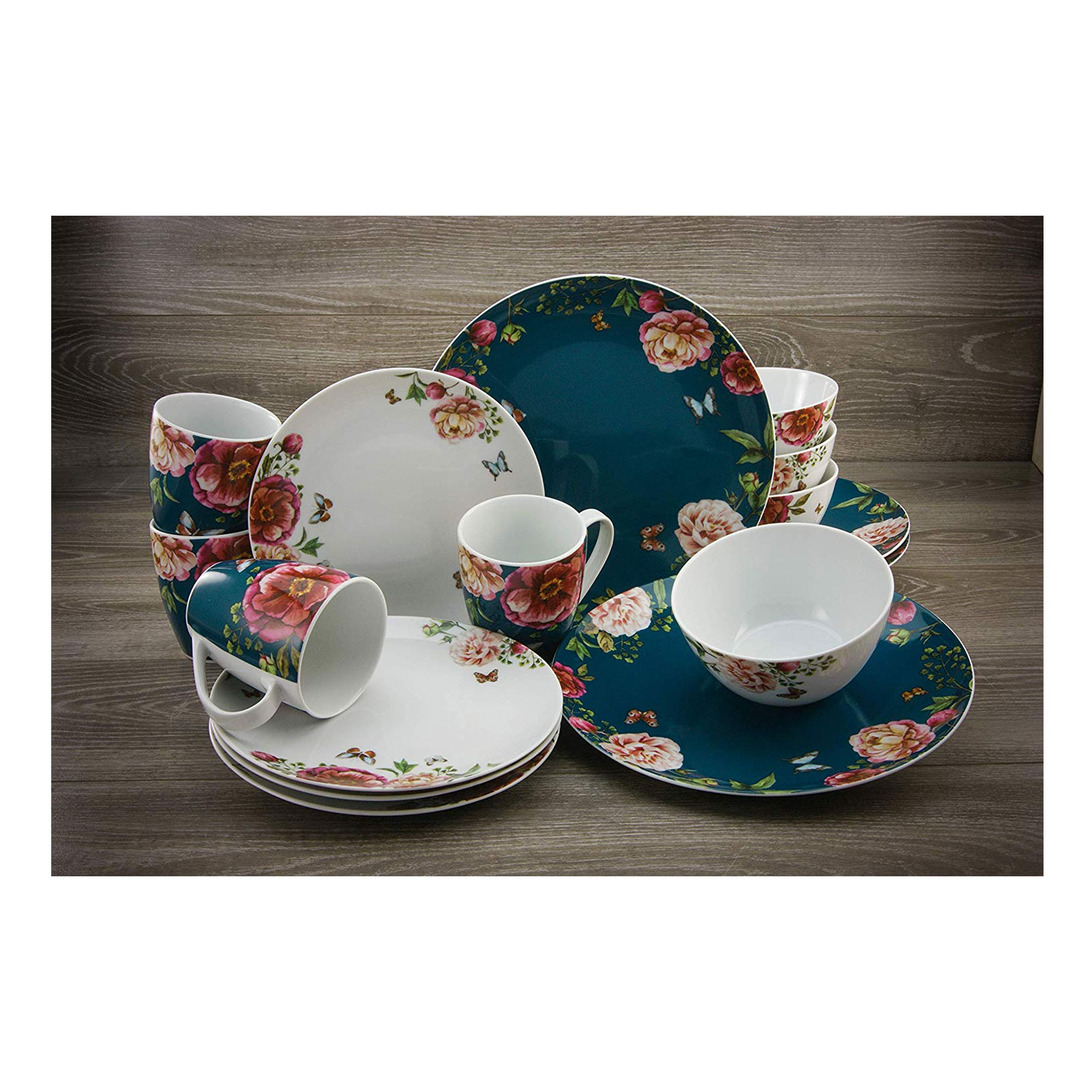 CreaTable, 22221, Serie Enjoy ROSES - Petrol + weiss, Geschirrset, Kombiservice 30 teilig