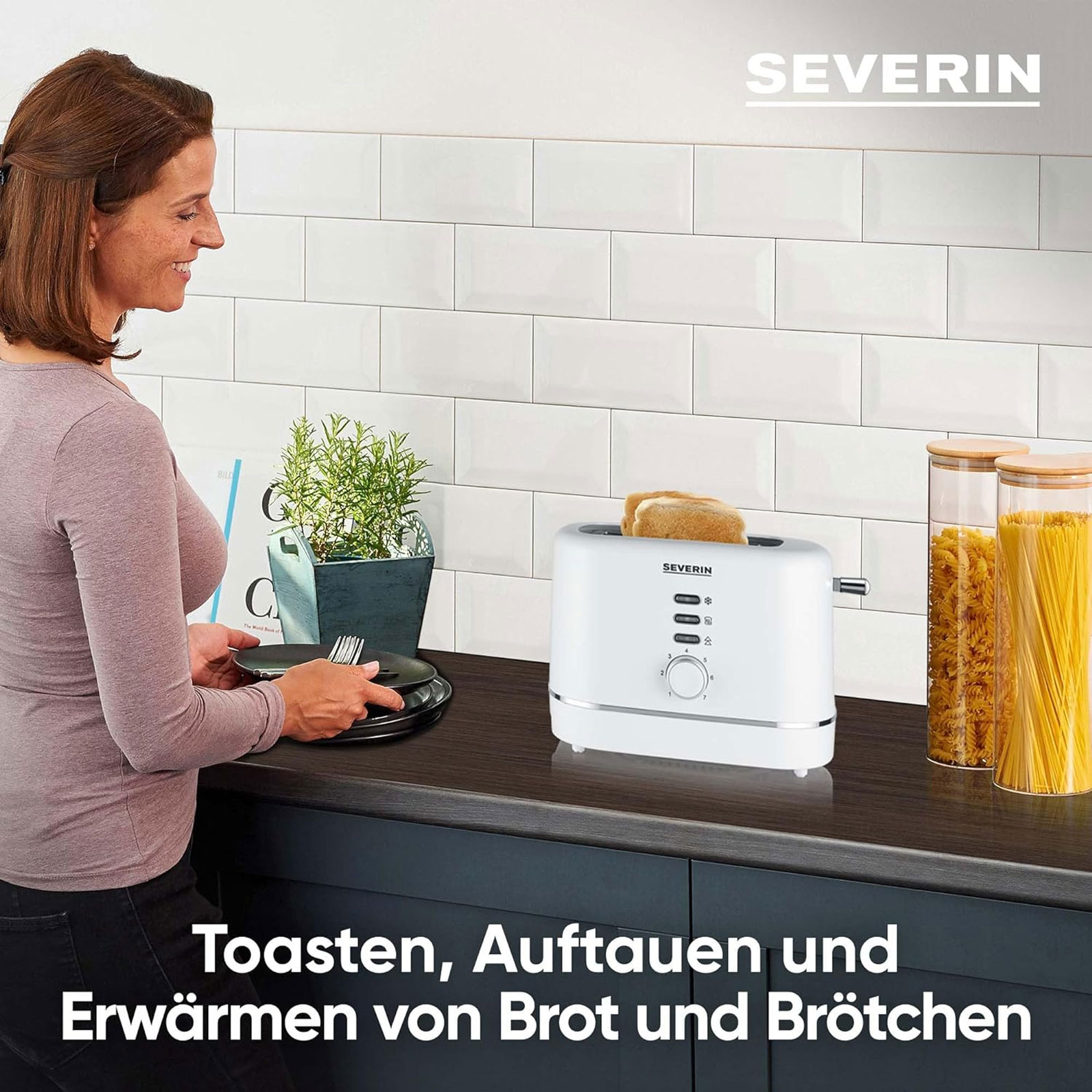 Severin  AT 4324 Toaster (850 W, Kunststoff, weiß, Brötchenaufsatz, Auftaufunktion, Aufwärmfunktion, Krümelschublade)