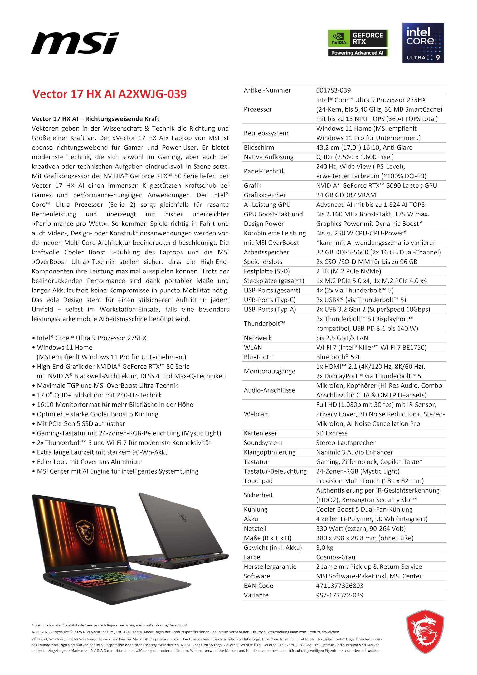 MSI Vector 17 HX AI Gaming-Laptop