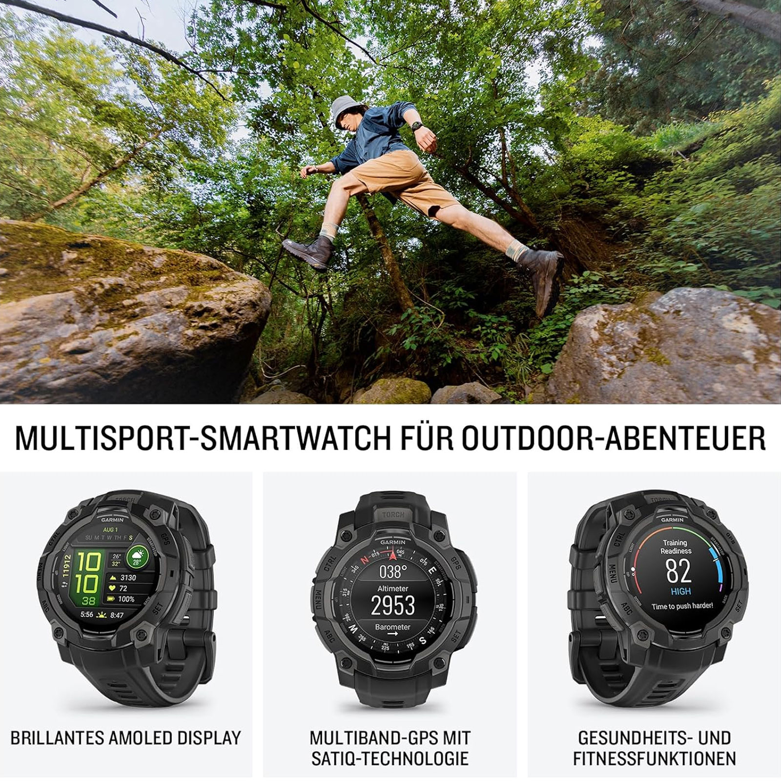 Garmin Instinct 3 - 45 mm, AMOLED mit Silikon-Wechselarmband 22 mm Smartwatch