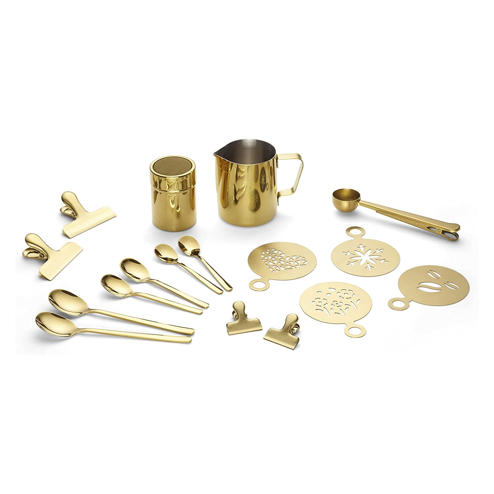 Echtwerk  Kaffeezubehör-Set, 23-tlg, Milchschaumkännchen 600 ml, Kakaostreuer, 4x Espresso-, 4x Cappuccino-, 4x Latte Macchiato-Löffel, 4x Kaffeeclips, 4x Kaffeeschablonen, Kaffeemesslöffel, Silber