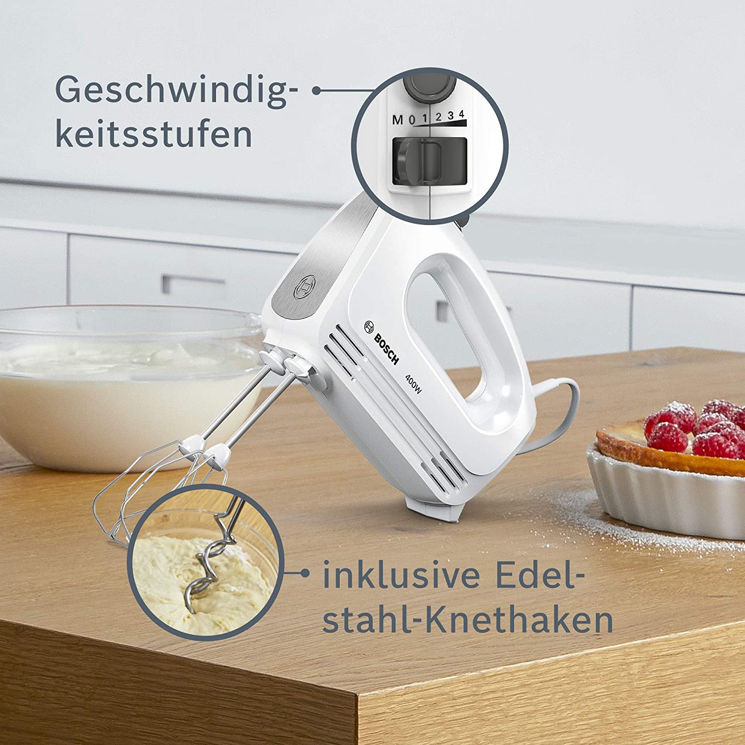 Bosch MFQ24200 Handrührer, CleverMixx, 400 W, Weiß, Edelstahl gebürstet